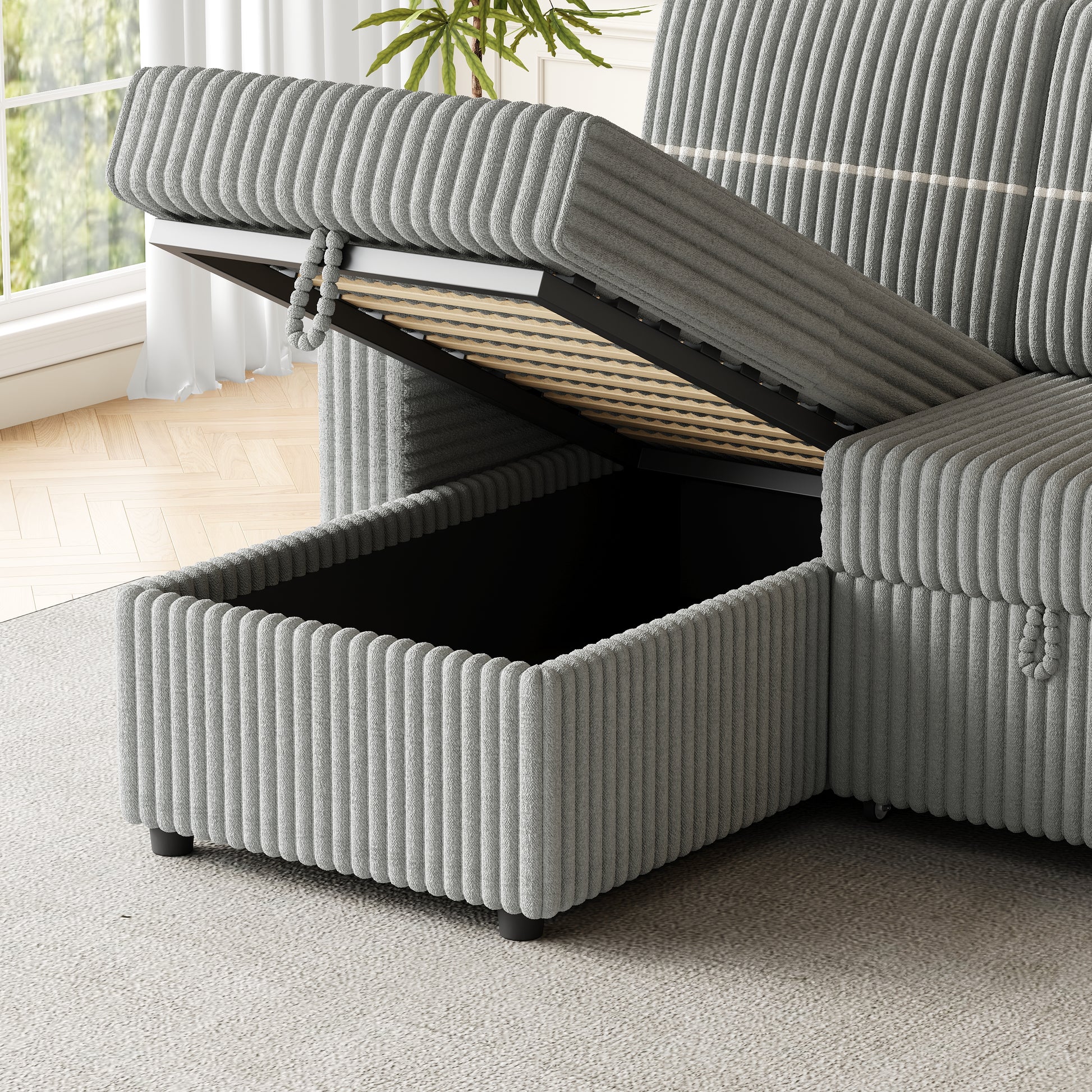85 Inches Corduroy Sofa Bed, 3 Seater Sleeper Sofa With Storage Chaise, Square Handrail With Two Cup Holder And Usb Charge Port, Pull Out Couch For Living Room Light Grey Corduroy 3 Seat