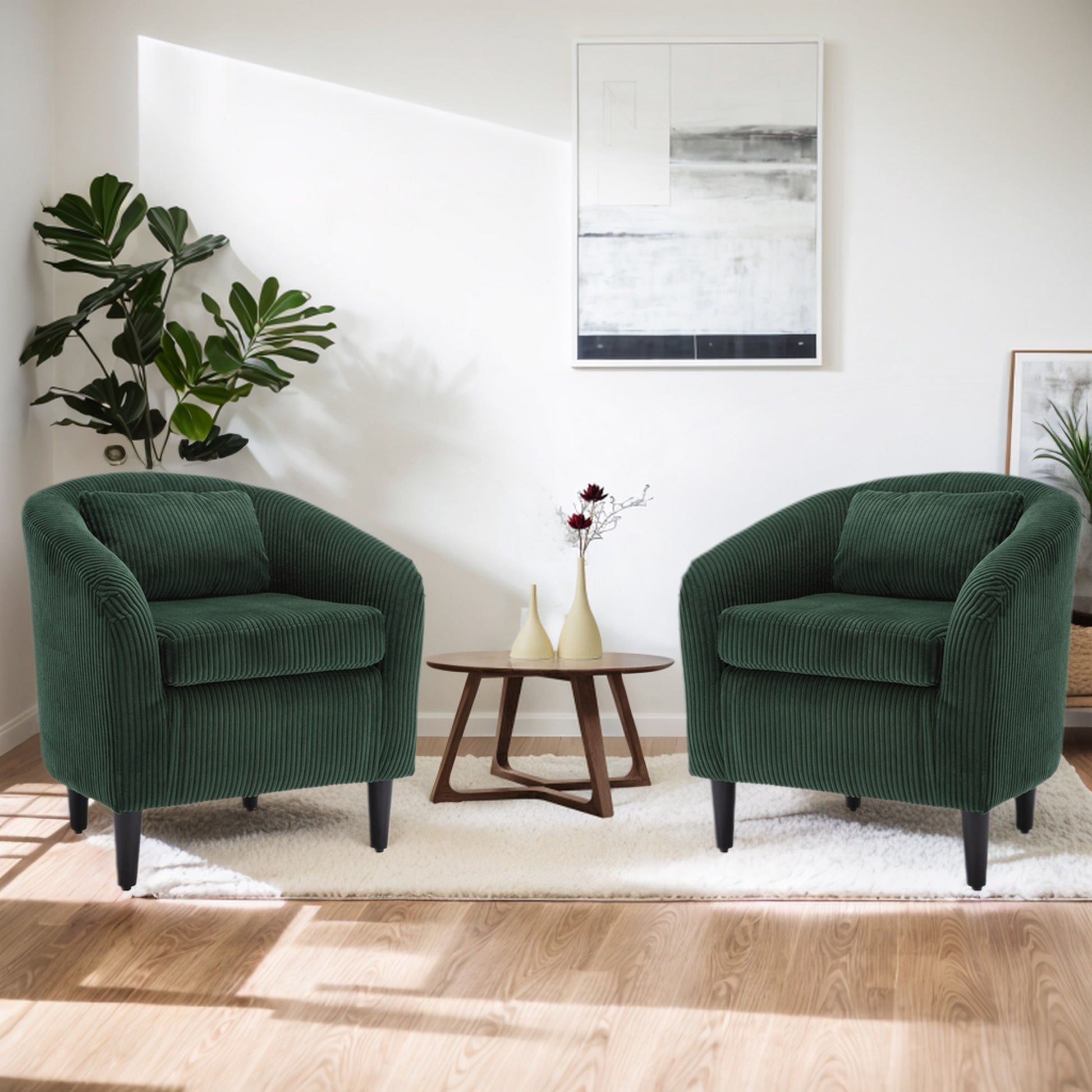Coolmore Living Room Accent Barrel Chair, Century Modern Style Decorative Chair, Armchair For Living Room With Thick Cushions And Pillows, Comfy Single Sofa Chair, Chair With Wooden Legs Emerald Corduroy