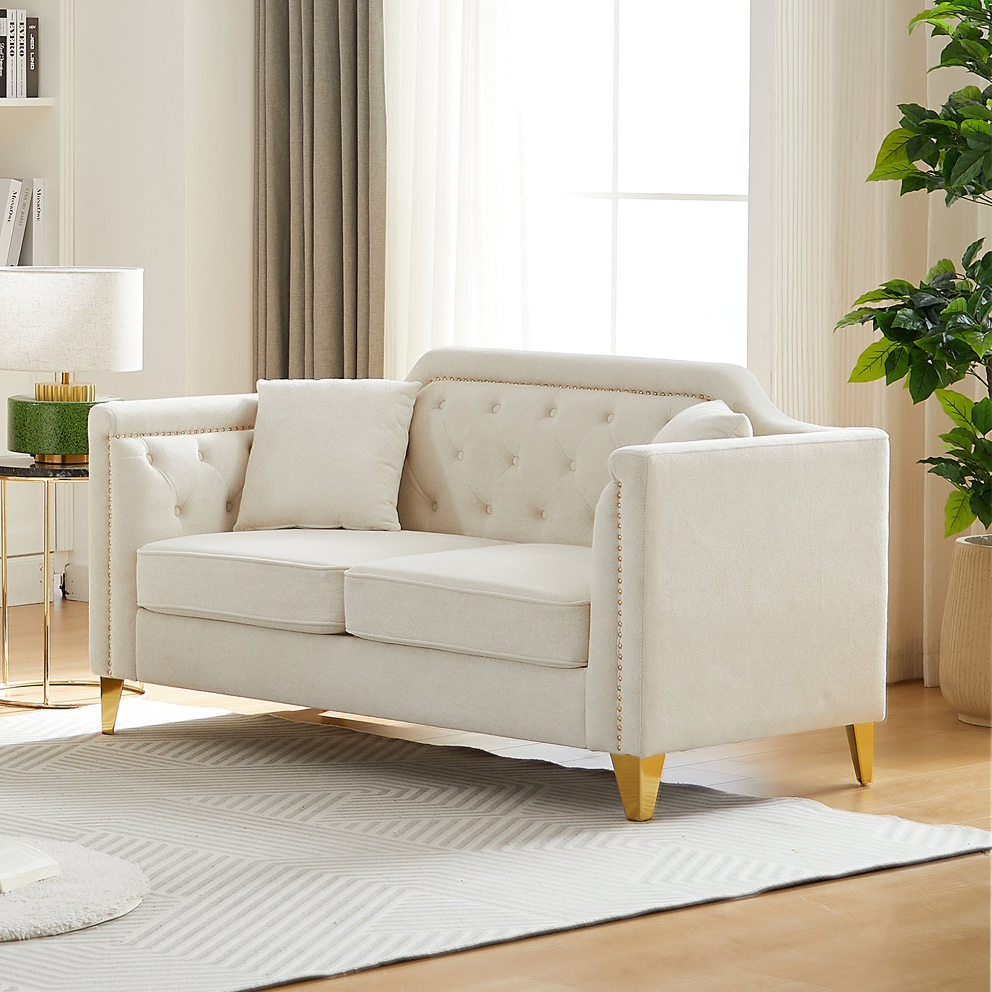 Fx 61.5"Mid Century Design Modern Sofa,Chenille Pull Buckle Design Sofa For Living Room,Buttons Tufted With Copper Nail Decoration Armrest, With 2 Pillows,Modern Couch Upholstered Button And Metal Leg Beige Chenille Wood Pine Foam Fabric 2 Seat