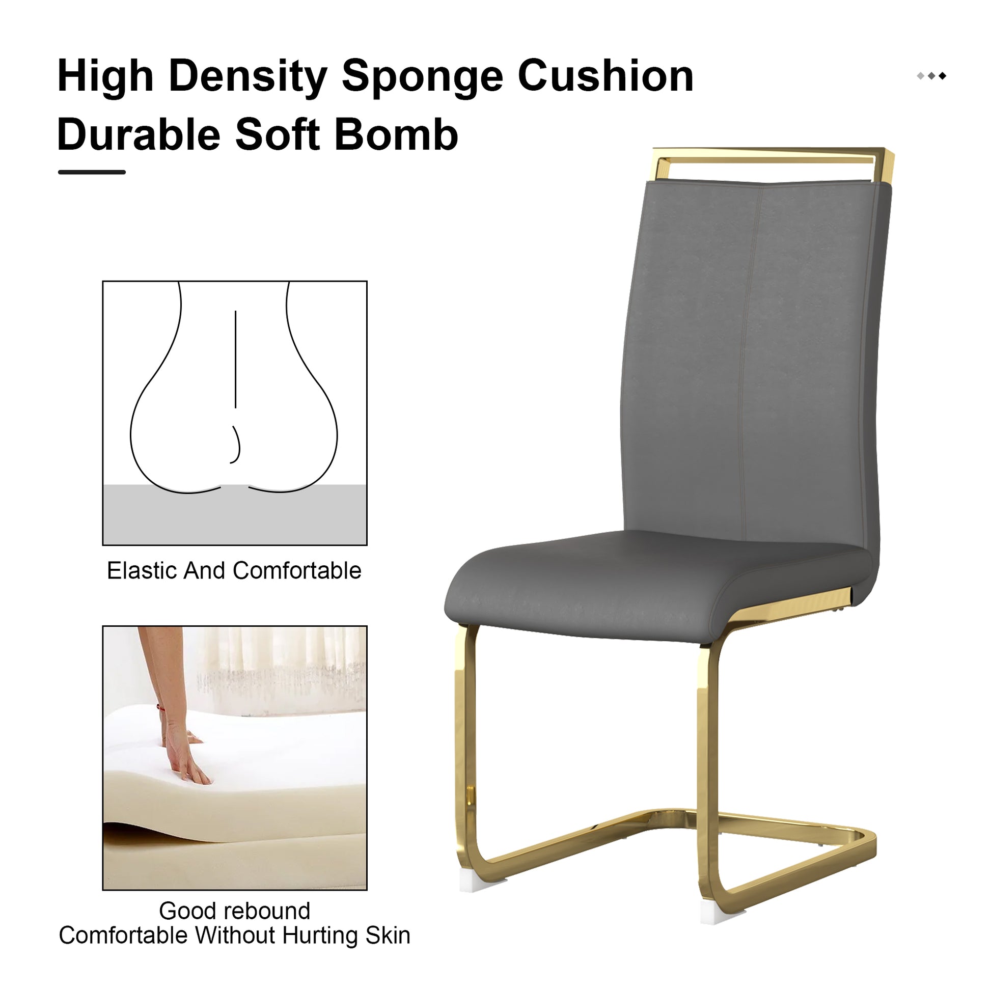 Table And Chair Set, The Table Is Equipped With A Marble Patterned Mdf Tabletop And Gold Table Legs.The Chair Is Equipped With Pu Synthetic Leather High Back Cushion And Gold Coated Metal Legs. Grey Gold Seats 4 Mdf Metal