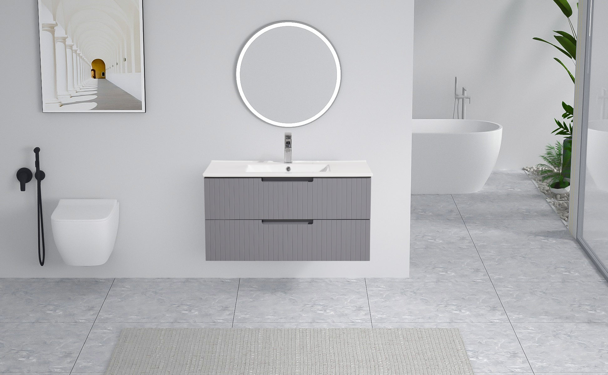 36 Inch Floating Bathroom Vanity With Ceramic Sink Set, Modern Bath Storage Cabinet Vanity With Drawers Wall Mounted Combo For Bathroom, Gray Grey Mdf