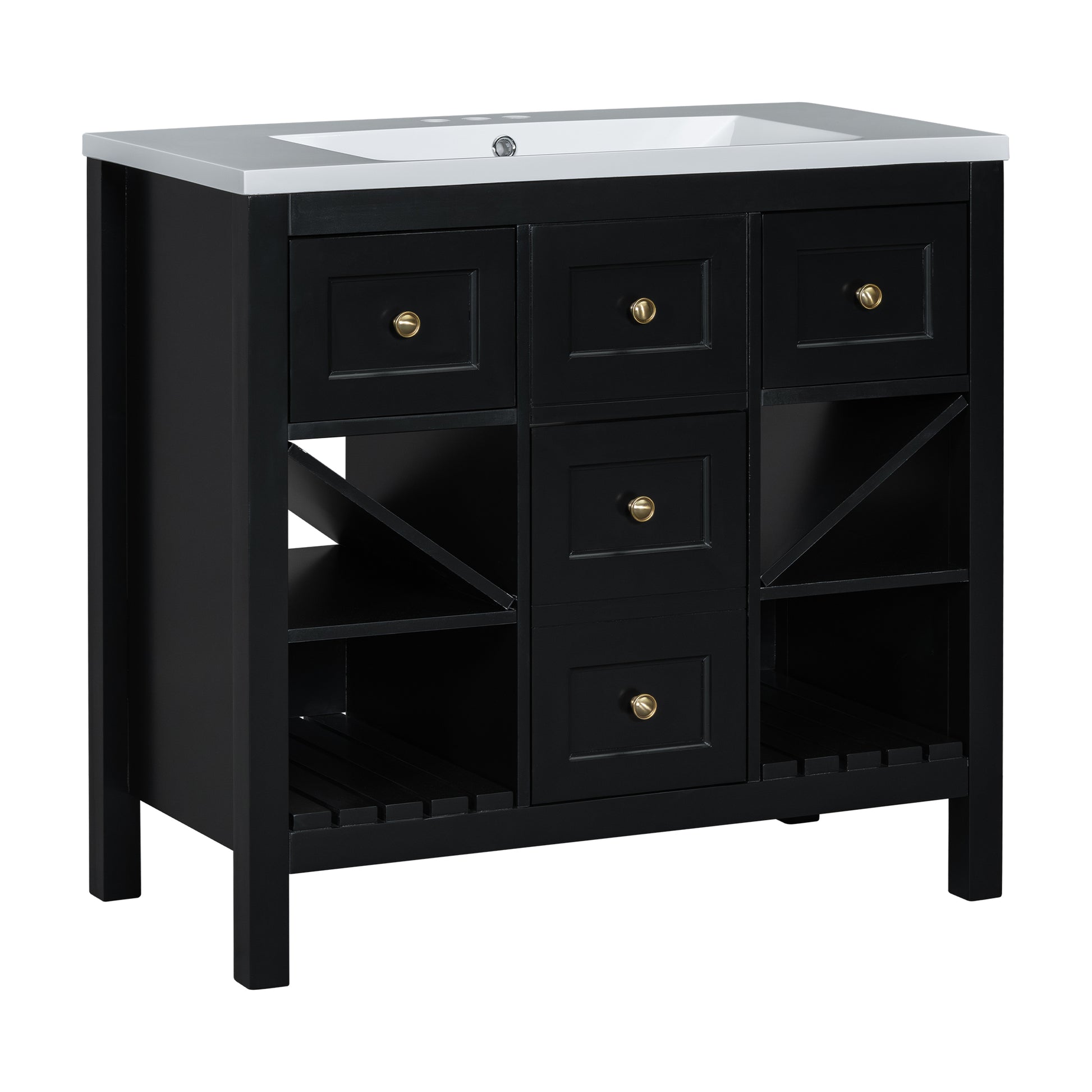 36'' Bathroom Vanity With Resin Sink Combo, Solid Wood Frame Bathroom Storage Cabinet, Freestanding Vanity Set With 5 Drawers& Soft Closing Doors Same As N710S136001B Black Bathroom Solid Wood Mdf Resin