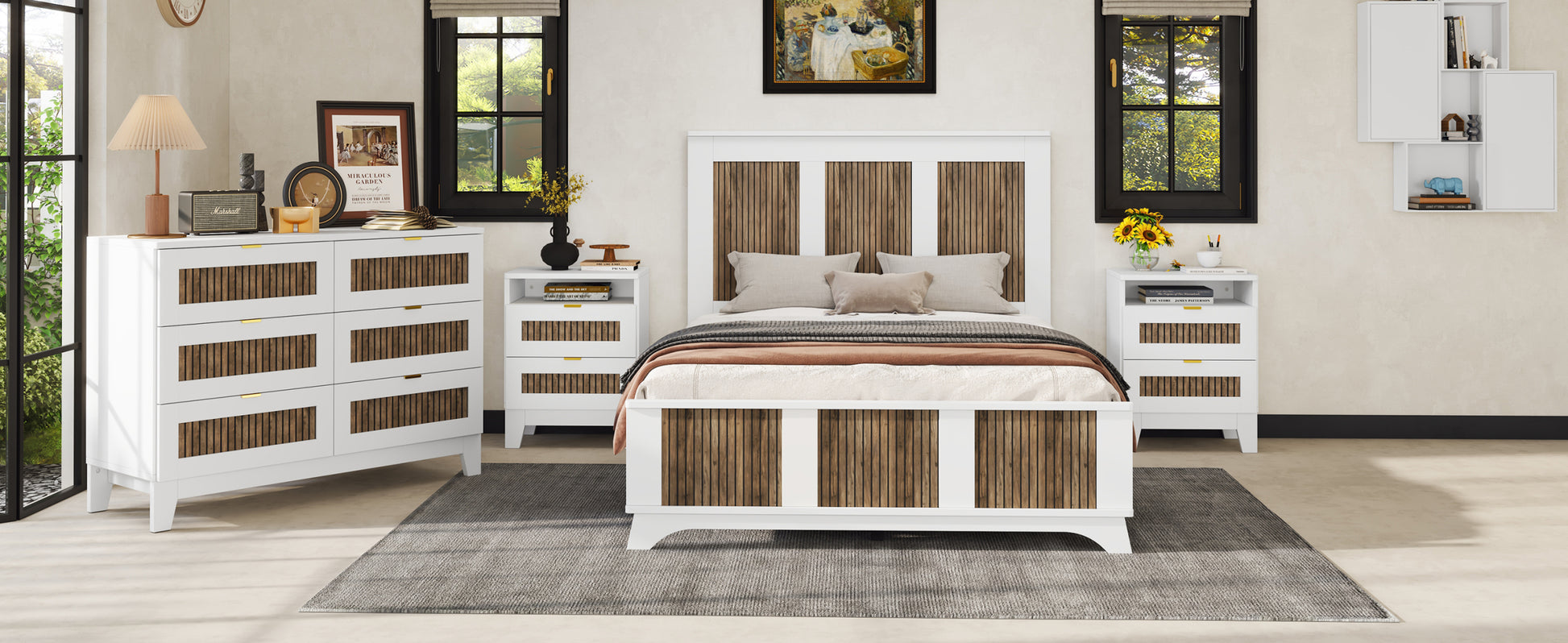 4 Pieces Bedroom Sets, Full Size Farmhouse Platform Bed With Wooden Strip Decoration, Storage Nightstand And Dresser With Metal Handle, White Full White 4 Piece Set Particle Board