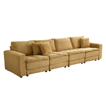 4 Seats Complimentary 2 Pillows ,Oversized Sectional Sofa,L Shaped Corner Couch With Detachable Seat & Back Cushion, Corduroy Upholstery Convertible Sleeper Sofa&Couch For Living Room Yellow Fabric 4 Seat
