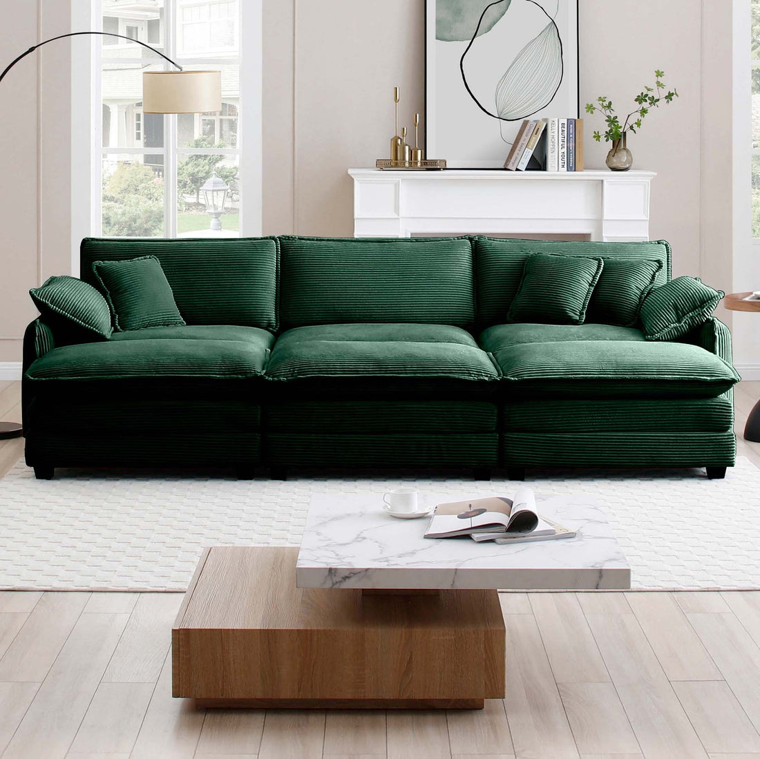 Oversized Modular Cushioned Sofa,With 3 Ottomans To Work As Sleeper Sofa Beds, 3 Seater Sofa With 3 Footstools,Green Corduroy Fabric Green Corduroy 3 Seat