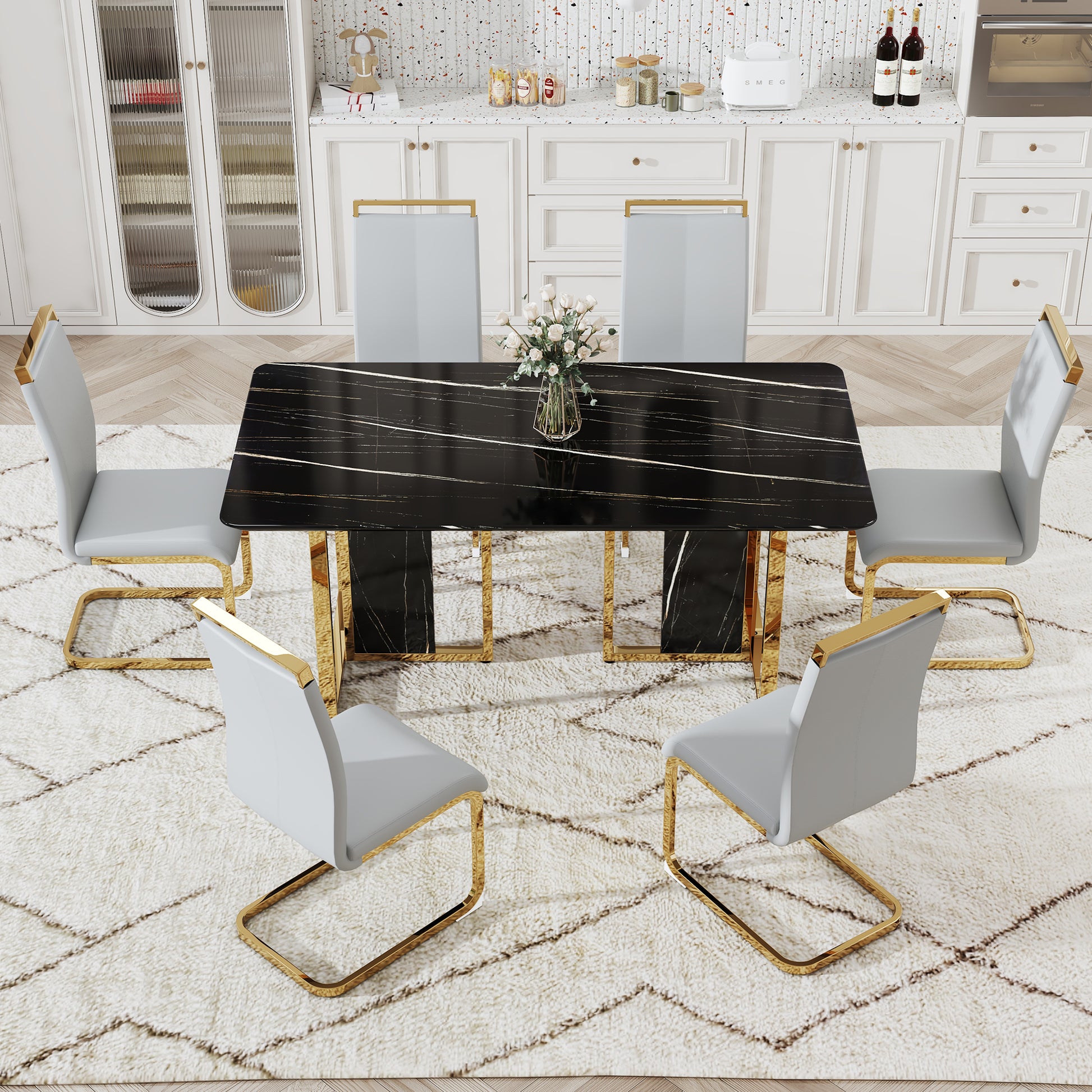 Table And Chair Set. Modern Dining Table With Mdf Top And Beautiful Mdf Legs. Equipped With Comfortable Pu Chairs And Metal Legs. Suitable For A Wide Range Of Decorative Styles. Black,Light Gray Seats 6 Mdf
