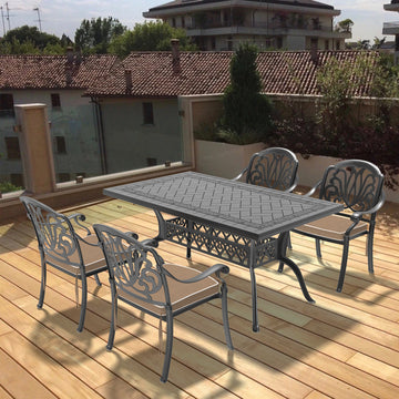 Cushions In Random Colors 5 Piece Set Of Cast Aluminum Patio Furniture With Cushions Yes Complete Patio Set Black Seats 4 Rust Resistant Frame Water Resistant Cushion Garden & Outdoor Complete Patio Sets Aluminium