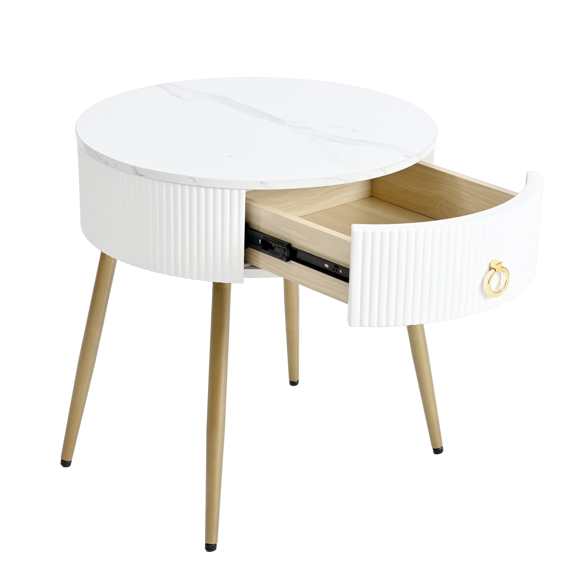 19.6'' Easy Assembly End Tables With High Gloss Faux Marble Tabletops, Set Of 2, Modern Fluted 2 Side Tables With Drawers, Round Coffee Tables With Golden Legs For Living Room, White White Gold Primary Living Space Drawers Round Mdf Iron