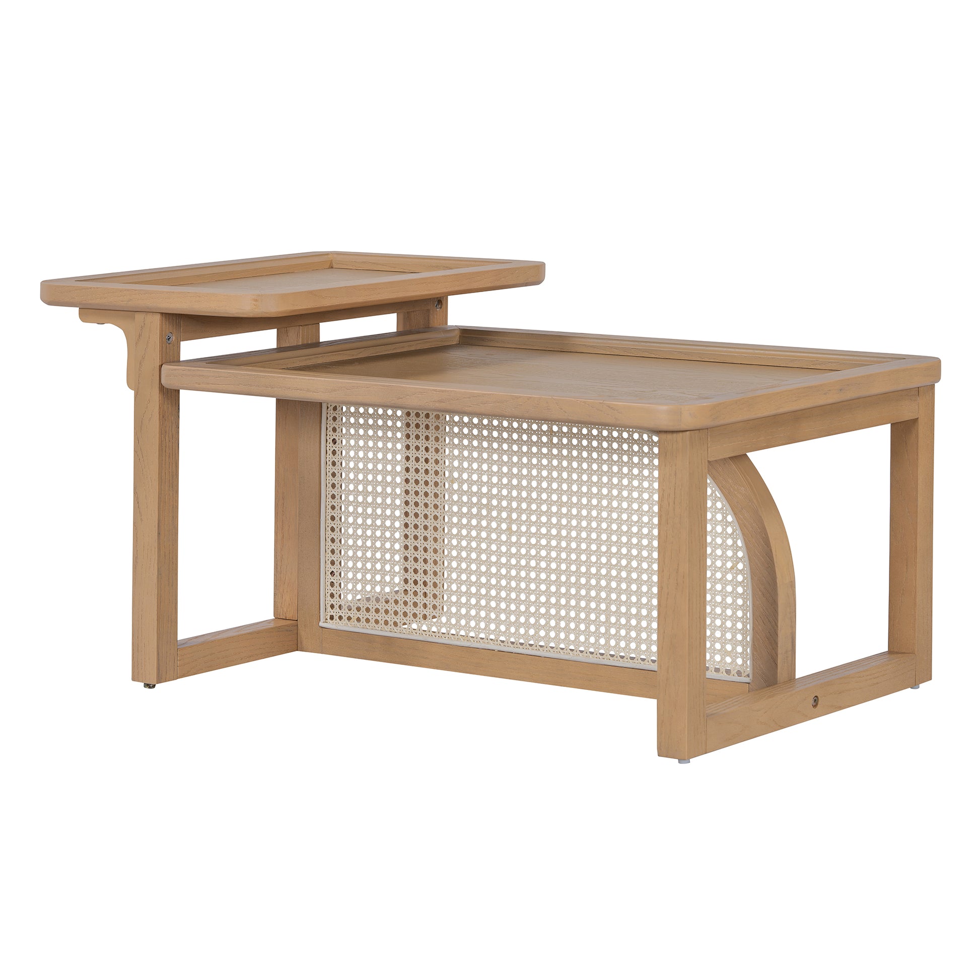 Modern 2 Piece Nesting Rattan Wood Mdf Coffee Table Set In Natural Natural Rubber Wood