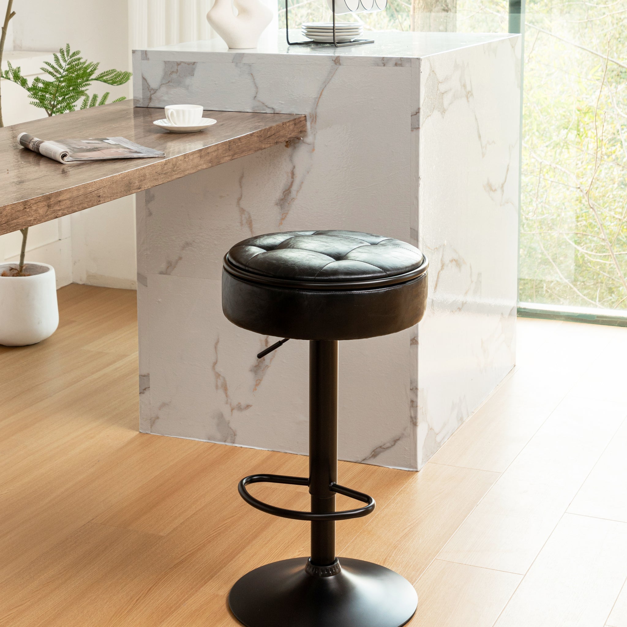 Round Storage Bar Stool Set Of 2, Black Faux Leather Height Adjustable Barstool, 360 Counter Height Swivel Stool, Armless Bar Chair With Metal Frame For Kitchen Counter Dining Living Room Black Set Of 2 Foam Pu Leather