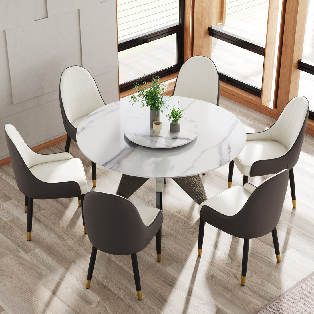 53" Round Marble Dining Table With Silver Stainless Steel Design Base, Artificial Marble For 6 People, 23.62"White Artificial Stone Turntable,White Dining Table Only Silver,White Dining Room Modern