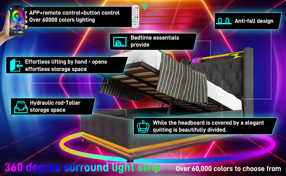 Twin Size Upholstered Bed, 360 Surround Led Function, Buttons Apps Remote Control, Hydraulic Storage Bed With Usb Type C Charging, Gray,Linen Without Mattress Twin Gray Linen