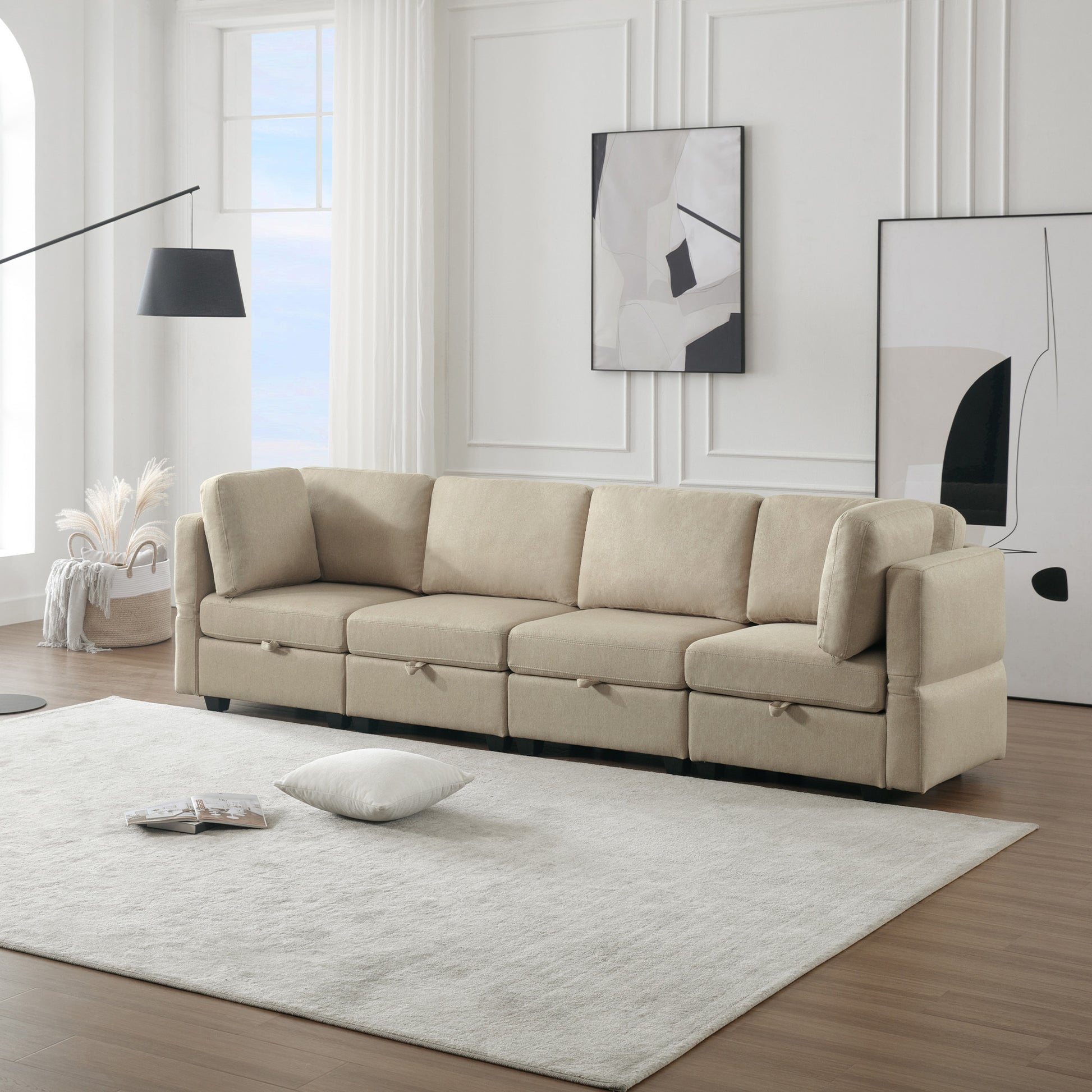 Fabric Modern Modular Sofa Couch With Storage Seats Modular Sectional Sofa 4 Seater Modular Couch For Living Room Beige Beige Polyester 4 Seat