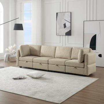 Fabric Modern Modular Sofa Couch With Storage Seats Modular Sectional Sofa 4 Seater Modular Couch For Living Room Beige Beige Polyester 4 Seat