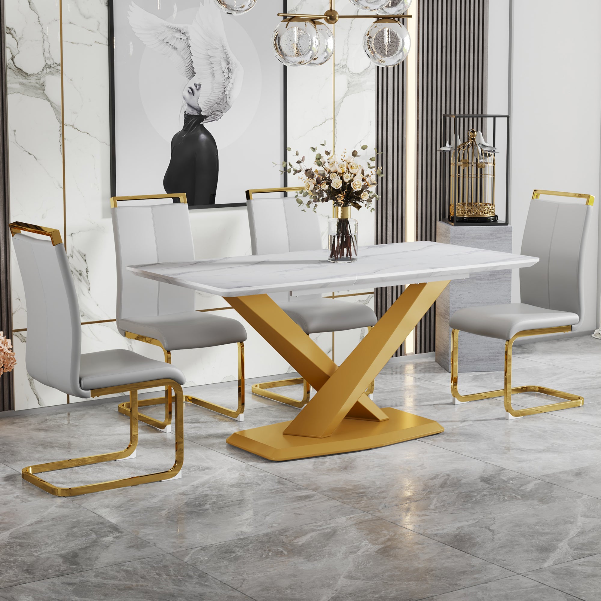 Table And Chair Set, The Table Is Equipped With A Marble Patterned Mdf Tabletop And Gold Table Legs.The Chair Is Equipped With Pu Synthetic Leather High Back Cushion And Gold Coated Metal Legs. Grey Gold Seats 4 Mdf Metal