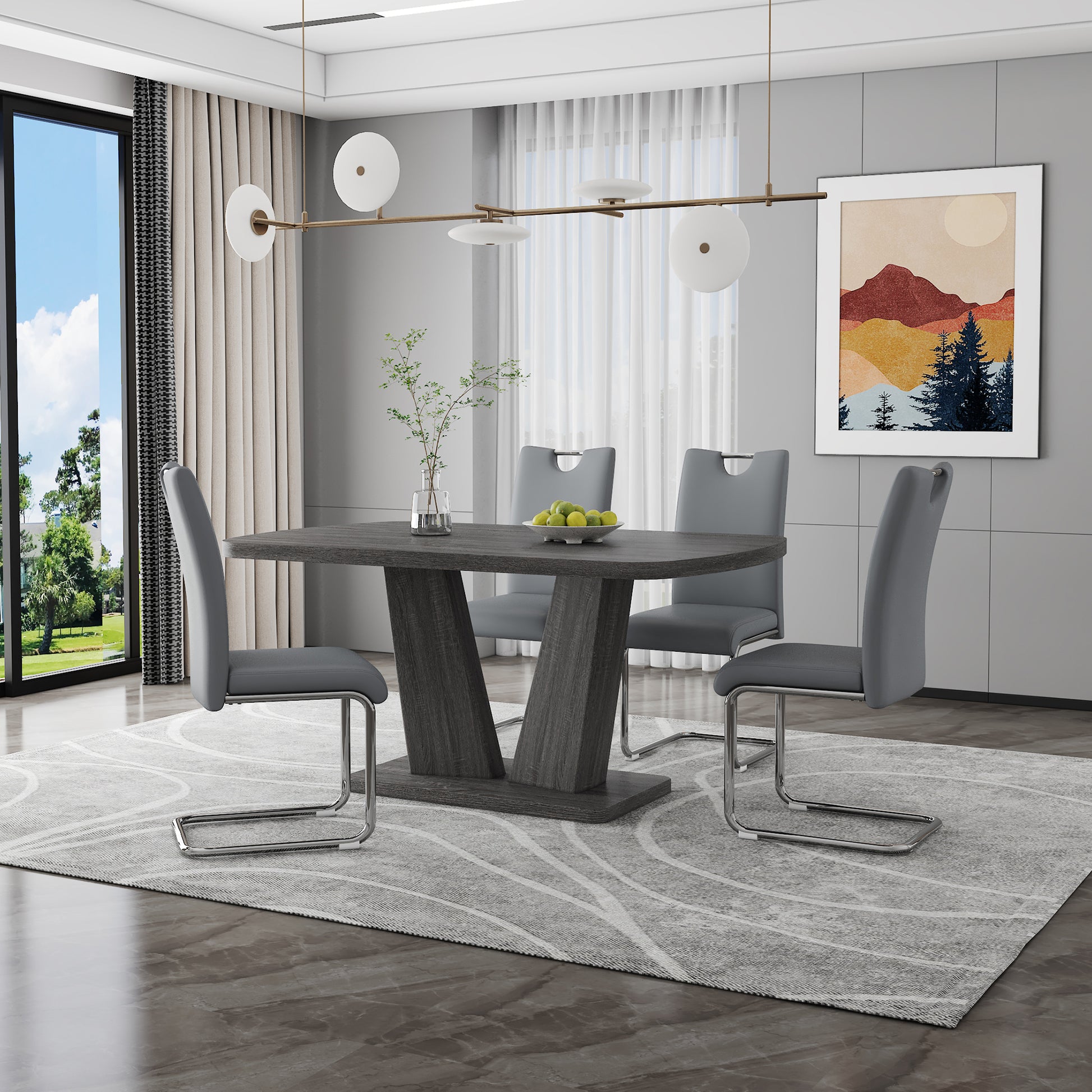Dining Table Set For 4 6, 5 Piece Dining Table Set, Faux Wood Table Top And Modern Design Mdf Base With 4 Pu Leather Ergonomic Dining Chairs Metal Grey Modern Mdf Metal