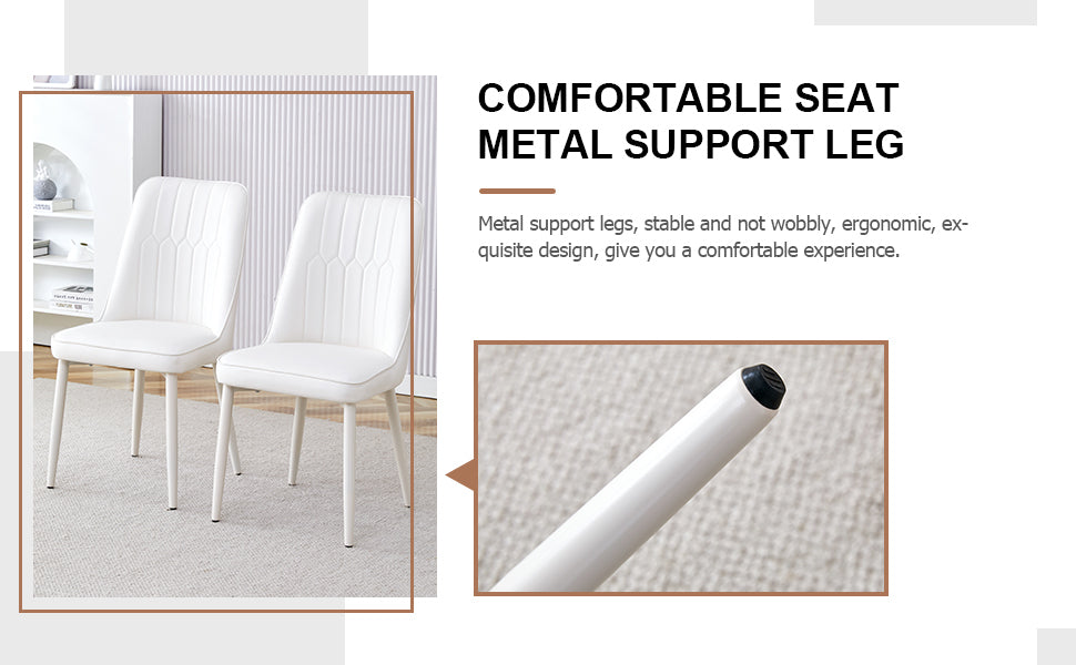 Table And Chair Set, Mdf Desktop, White Metal Table Legs, Stable And Beautiful, Suitable For Most Styles Of Home. Modern Simple Dining Table, Comfortable Seating. White Seats 4 Mdf