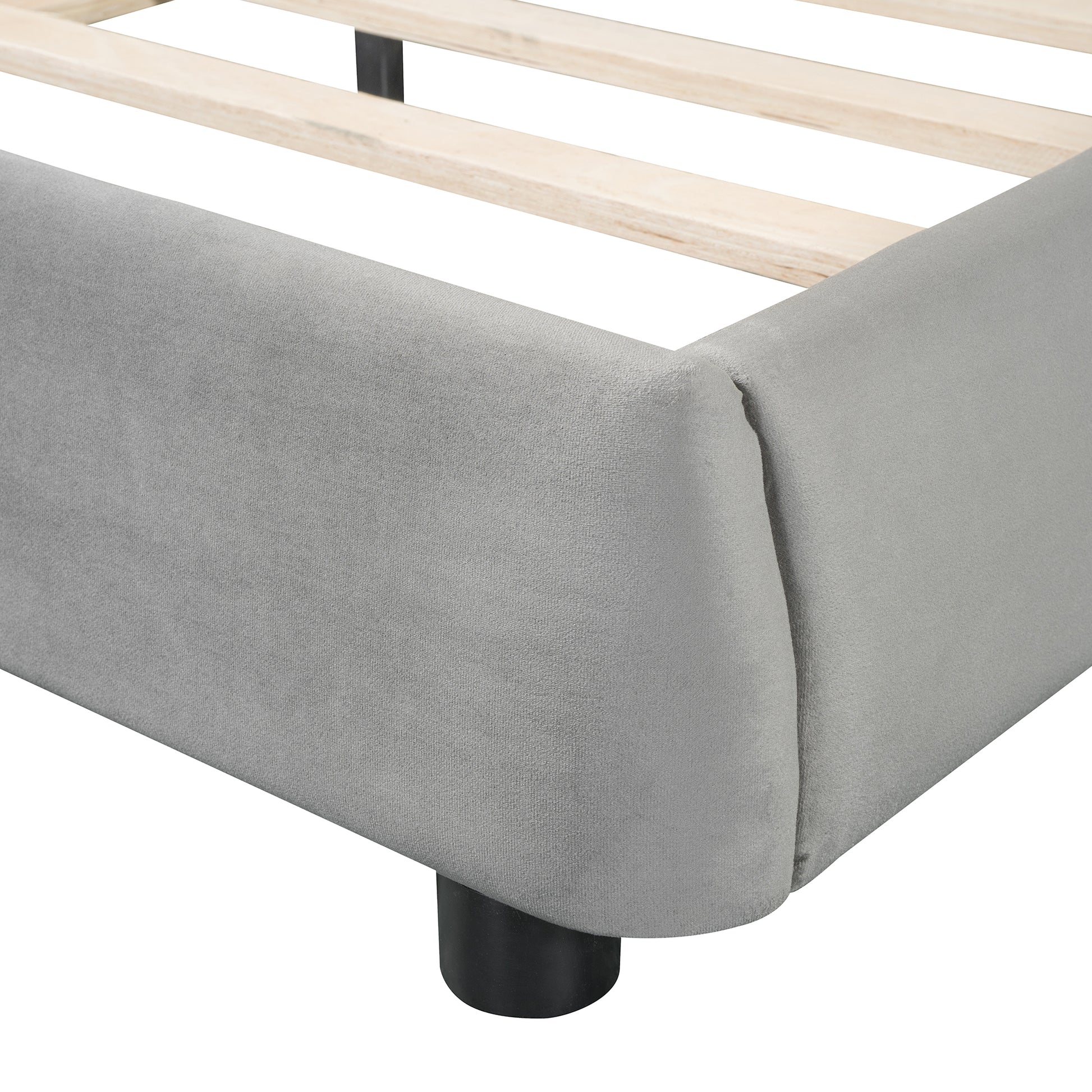 Queen Size Velvet Upholstered Platform Bed,Solid Frame And Stylish Curve Shaped Design, Gray Queen Gray Velvet