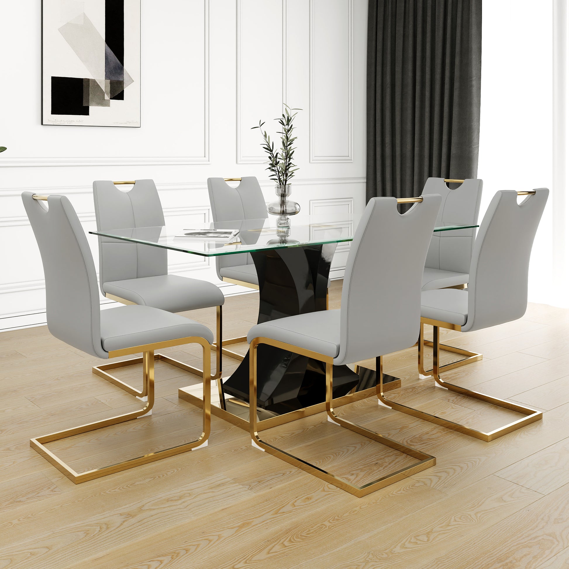 Modern Style Glass Dining Table, Elegant Transparent Design, Solid Support Base, Grey Dining Chair Set, Gold Plated Chair Legs, Suitable For Restaurant Kitchen Use Set Of 7 Grey Glass