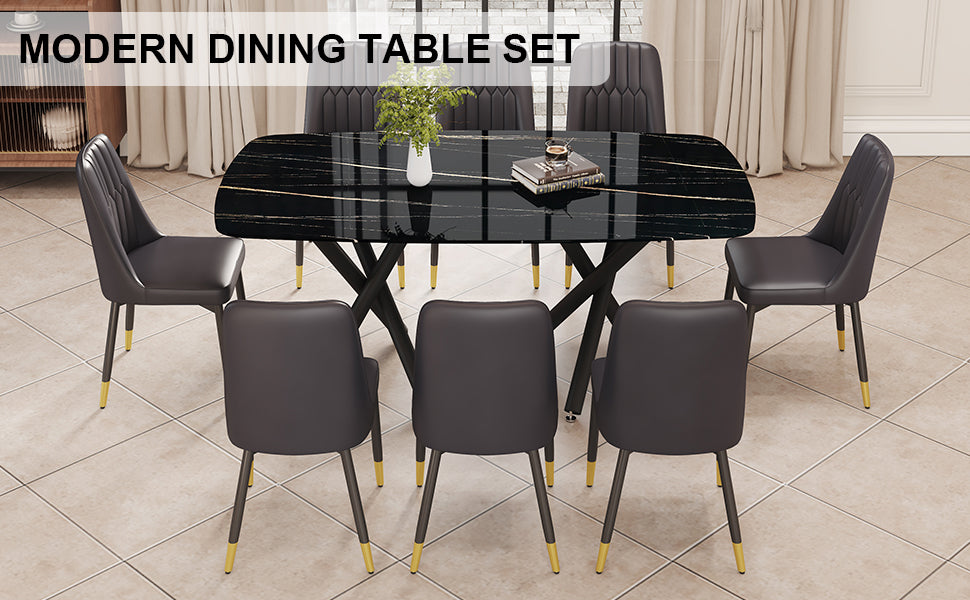 1 Table And 8 Chairs Set.A Rectangular Dining Table With A Imitation Marble Black Table Top And Black Metal Legs.Paired With 8 Chairs With Pu Leather Seat Cushion And Black Metal Legs.F 1538,C 007 Black Glass Metal