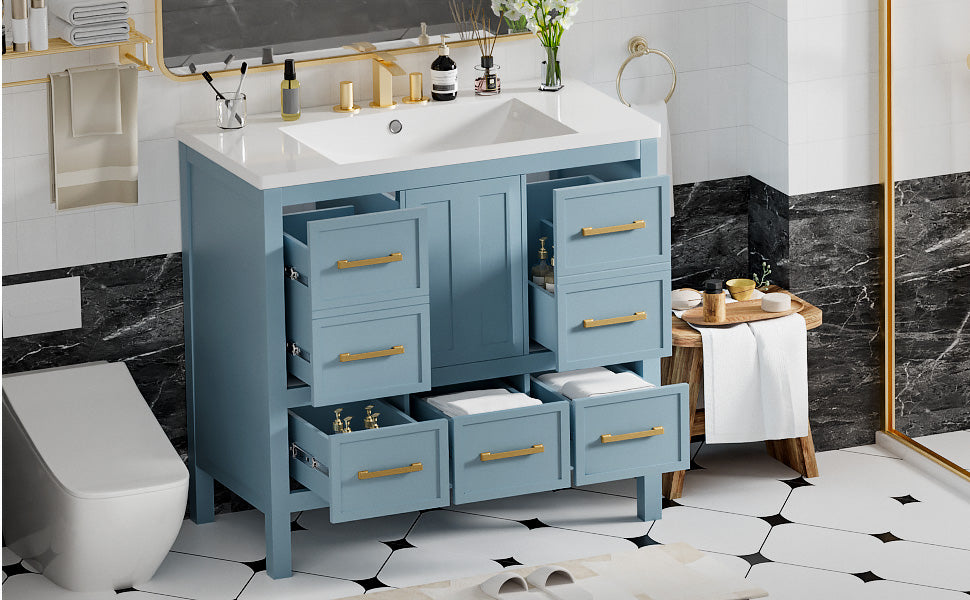 36'' Bathroom Vanity With Resin Sink Combo, Solid Wood Frame Bathroom Storage Cabinet, Freestanding Vanity Set With 5 Drawers& Soft Closing Doors Same As N710S136002M Blue Bathroom Solid Wood Mdf Resin