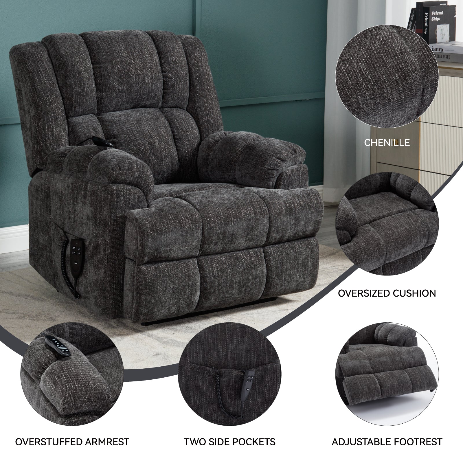 Dual Motor Heat Massage Infinite Position Up To 350 Lbs Electric Power Lift Recliners With Power Remote, Medium Firm And Heavy Duty, Grey White Metal Primary Living Space Heavy Duty Pine Grey Chenille Power Remote Medium Firm Cushion Back American Design