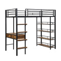 Twin Size Metal Loft Bed With Desk And Shelves, Black Box Spring Not Required Twin Black Metal Solid Wood Mdf