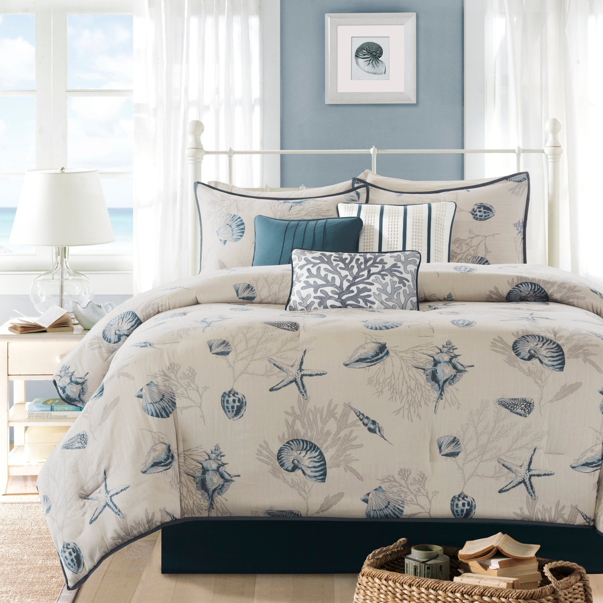 7 Piece Cotton Sateen Comforter Set Blue Queen Queen Blue Cotton