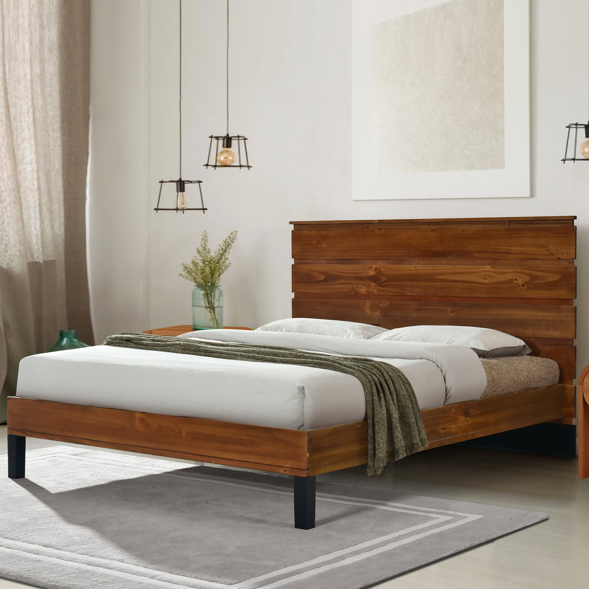 Mid Century Modern Solid Wood Bed Frame King Size Platform Bed With Six Piece Headboard Design, No Box Spring Needed, Brown King Brown Pine