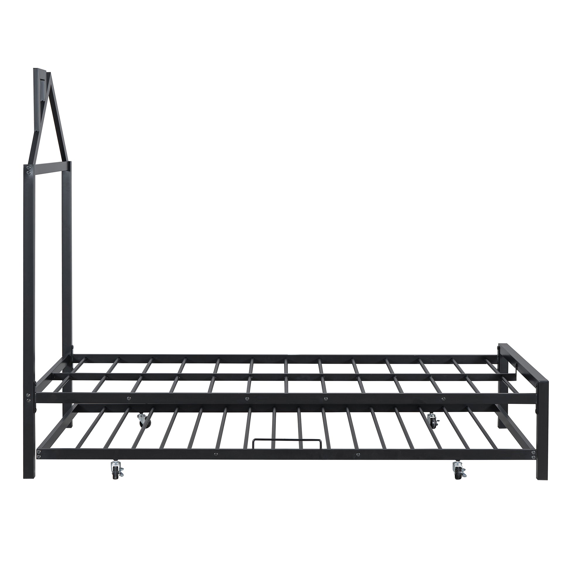 Twin Size Metal Platform Bed With Twin Size Trundle,House Shaped Headboard Design, Black Twin Black Metal