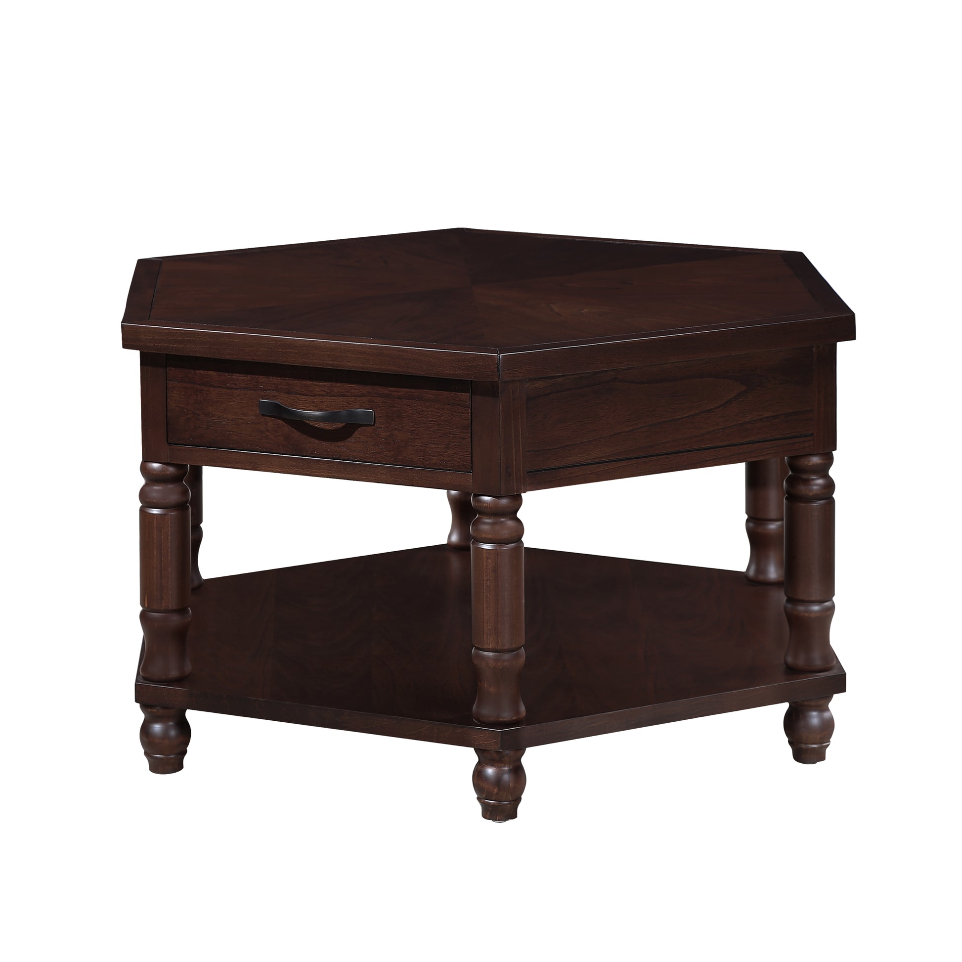 2 Tier Retro Hexagon Living Room Solid Wood Coffee Table With Shelf & Drawer, 36'' Mid Century Center Coffee Table For Living Room, Office. Light Espresso Light Espresso Pine