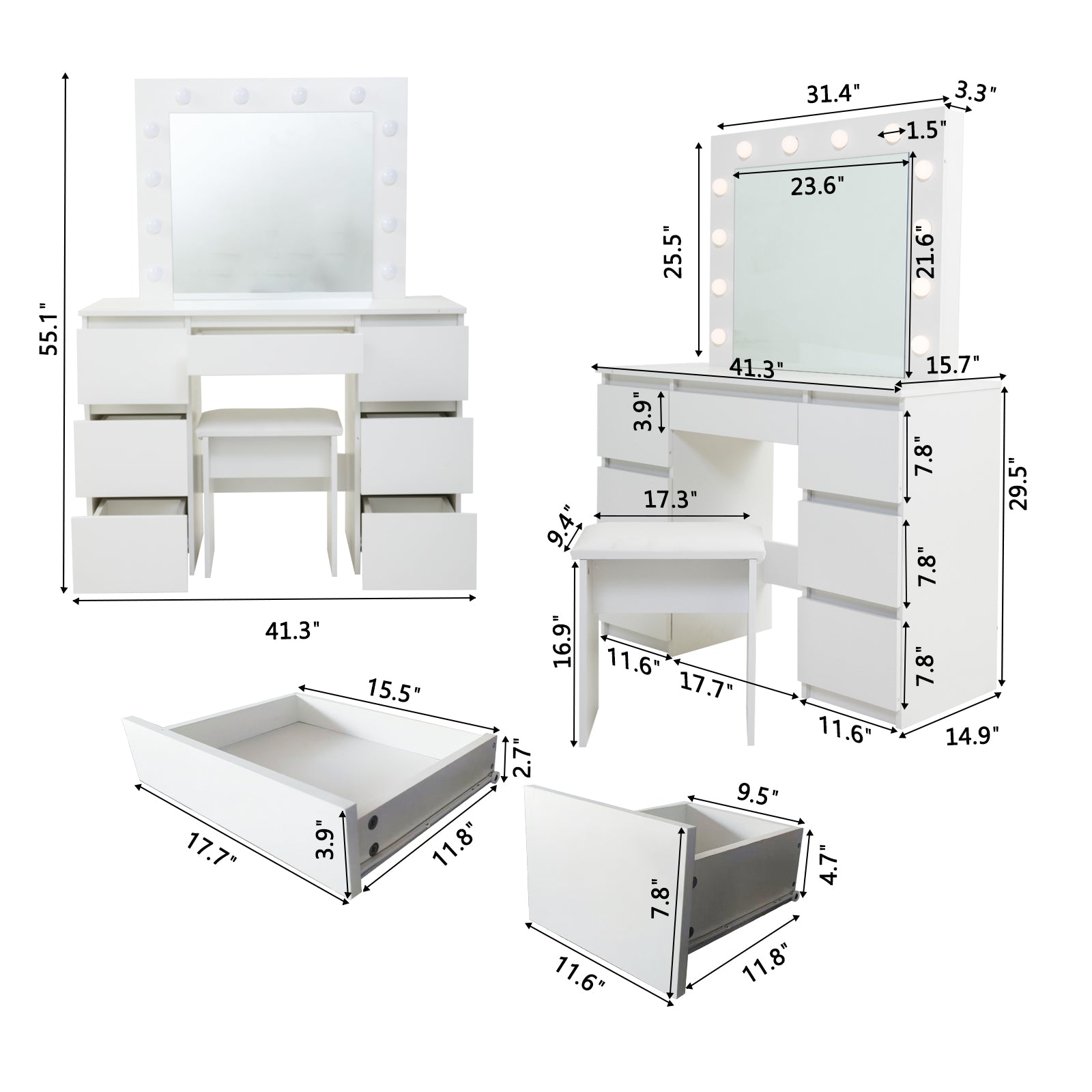 Large White Vanity Tables With Mirror And Light Matte White White Drawer 5 Drawers & Above Bedroom Extra Deep Drawers Modern 2 Or Less Poplar Mirror Included White Particle Board Mdf