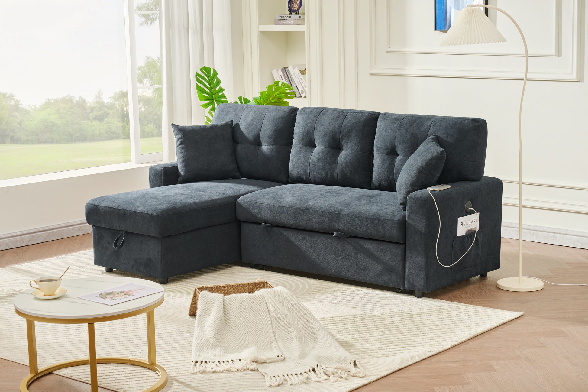 Sectional Sofa Bed L Shaped Sofa Couch Bed With Usb Port, Reversible Sofa Couch Sleeper With Pull Out Bed, Chaise With Storage, Pull Out Couch For Living Room Black Wood Fabric 3 Seat