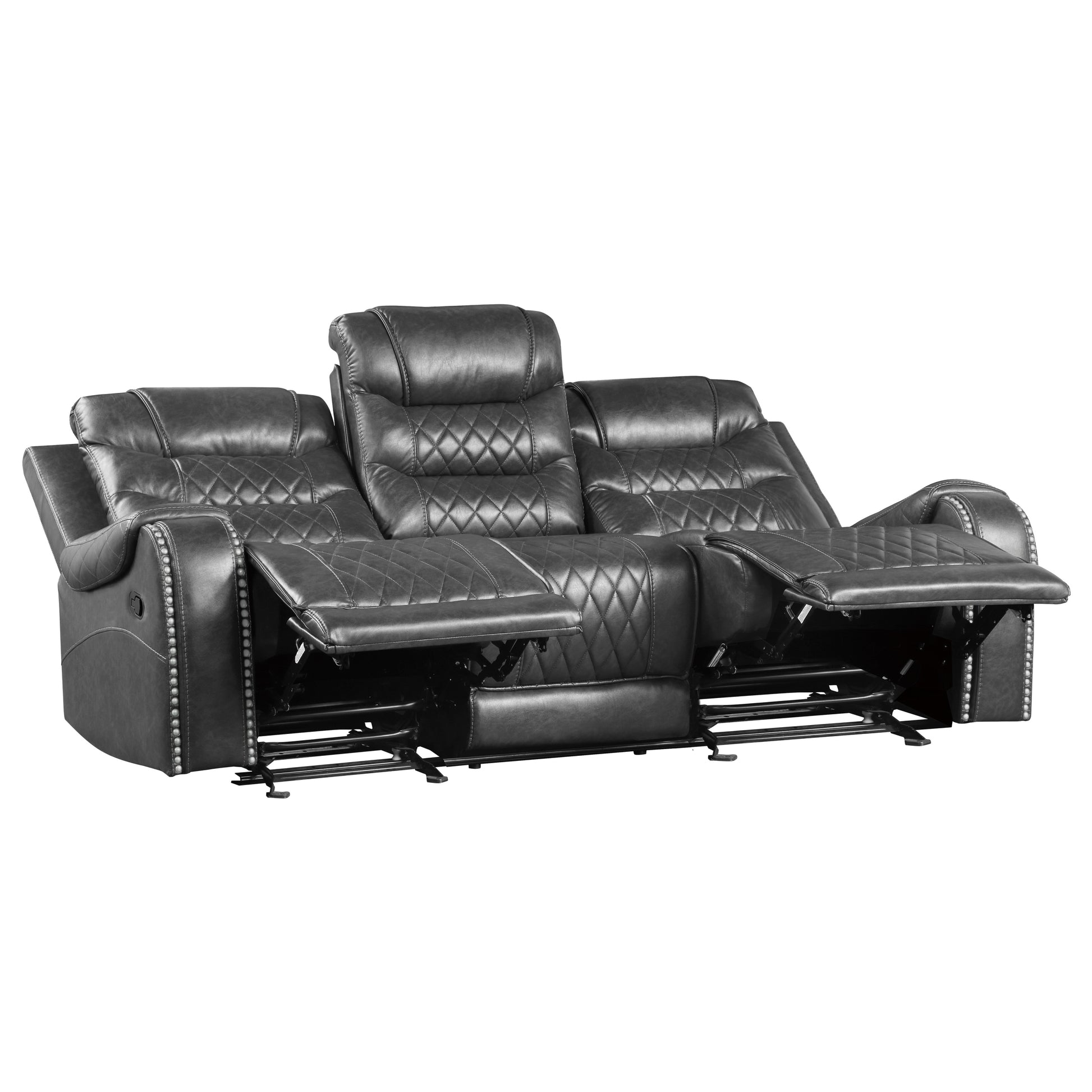 Luxurious Living Room Furniture 2Pc Reclining Sofa Set Grayfaux Leather Upholstery Center Drop Down Cup Holders, Power Outlets, Usb Ports, Diamond Pattern Stitching Gray Faux Leather Wood Primary Living Space Luxury,Modern Solid Wood 5 Seat