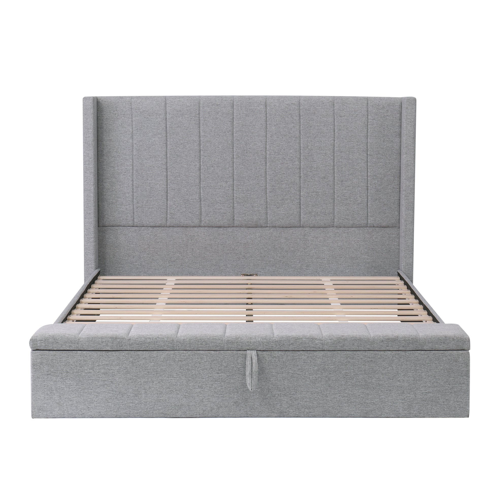 Queen Size Platform Bed With Headboard, Upholstered Platform Bed With Storage, Grey Box Spring Not Required Queen Grey Wood Bedroom Storage Included Foam Polyester Fabric,Plywood,Steel,Upholstered