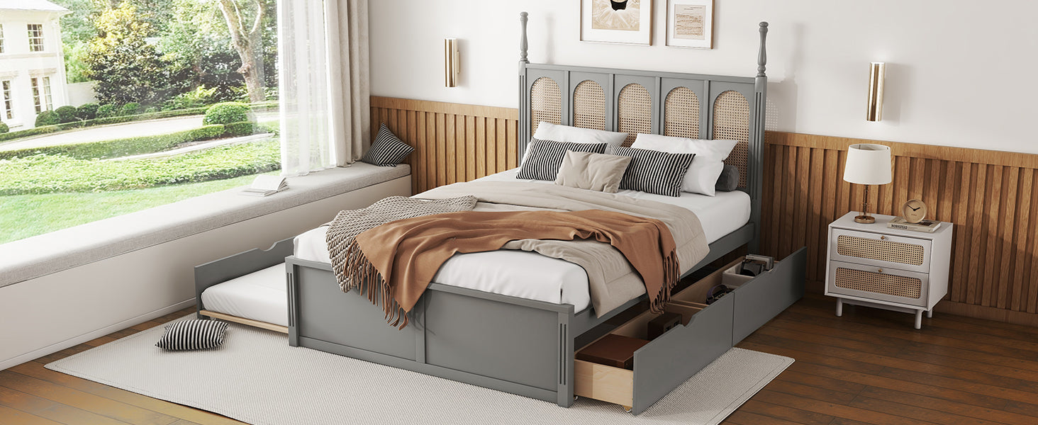 Queen Size Rattan Platform Bed With With 2 Big Drawers, T Size Trundle, Gray Queen Gray Plywood