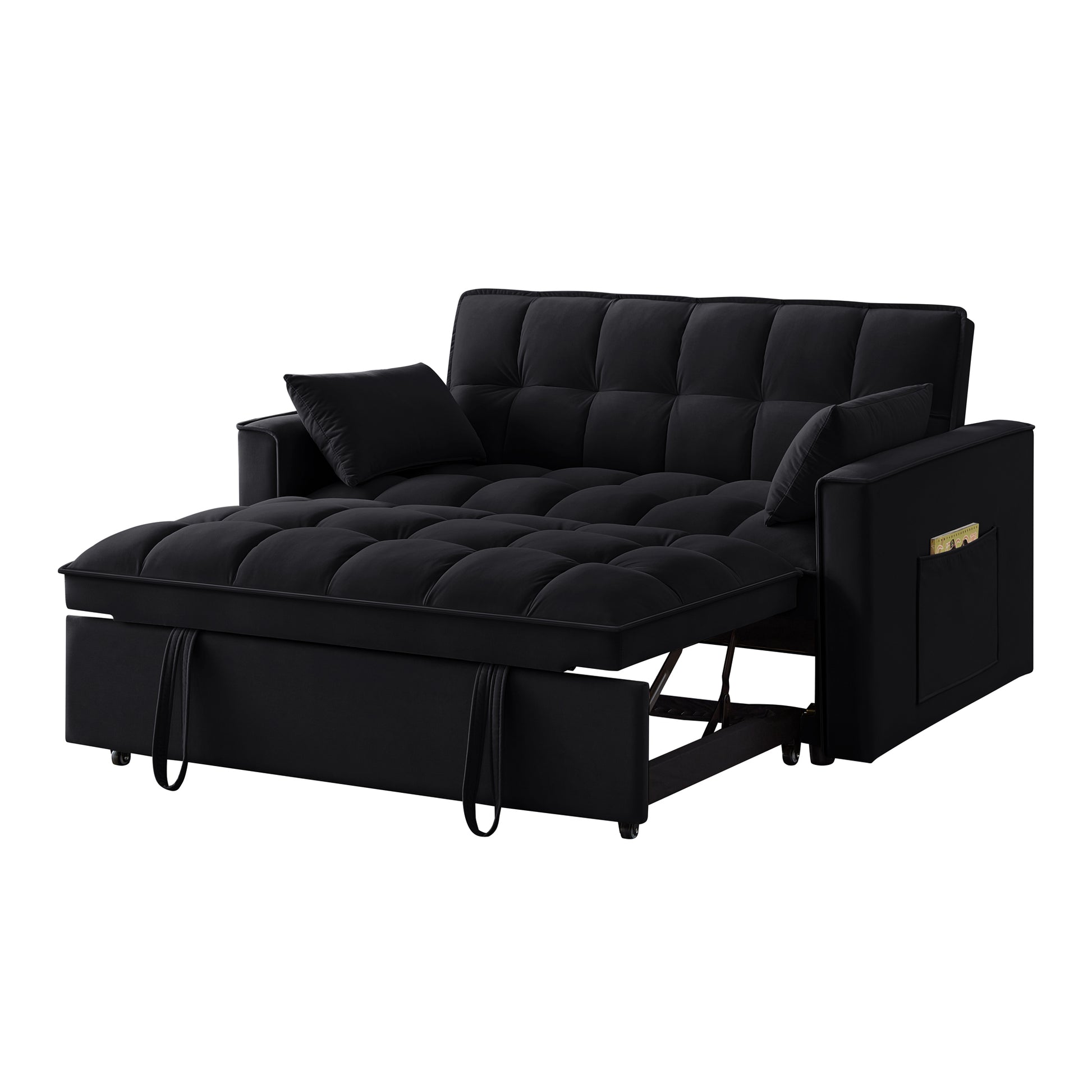 4 In1 Loveseat Sofa Bed With Armrests & Storage Pockets, Multi Function Tufted Pull Out Sofa Bed With Adjustable Backrest And Pillows, Convertible Loveseat Sofa Couch,Black Black Velvet Primary Living Space Medium Soft Tufted Back American