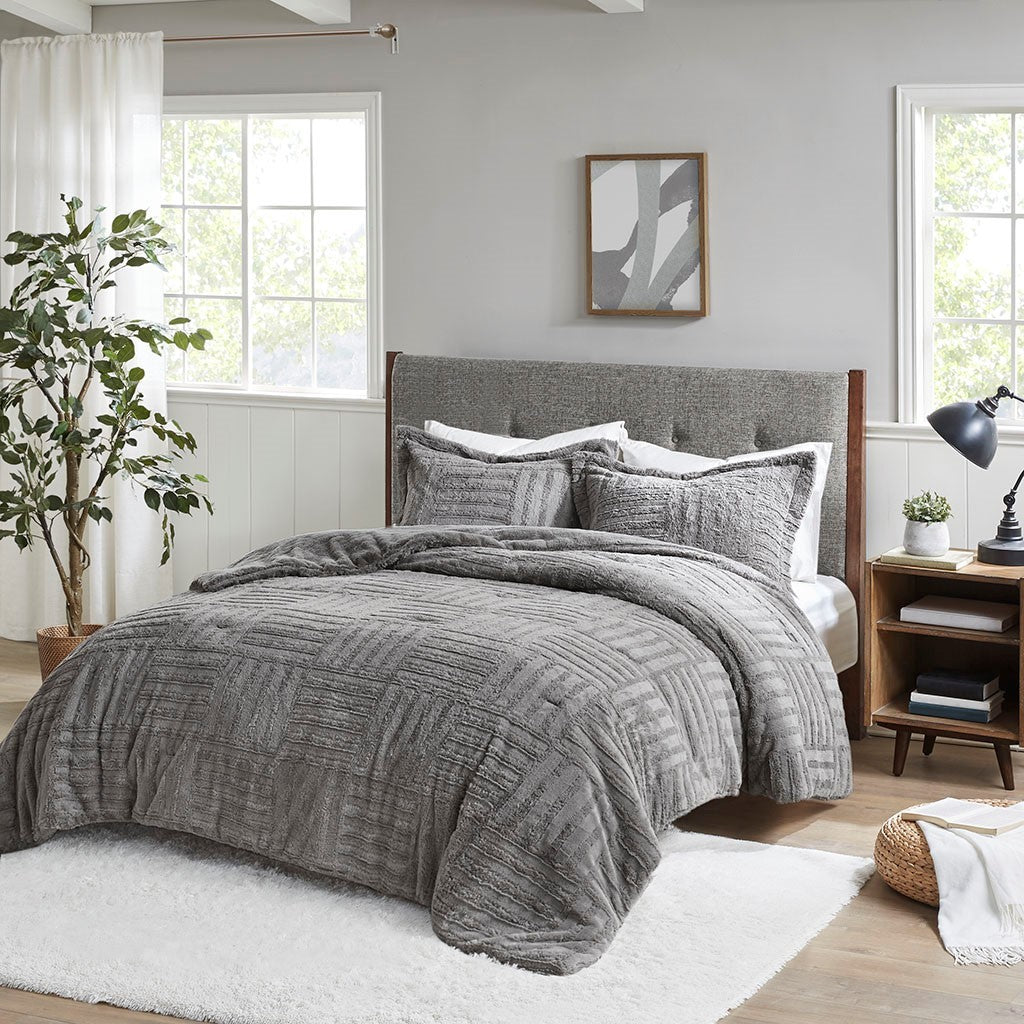 Fur Down Alternative Comforter Mini Set King Grey Faux Fur