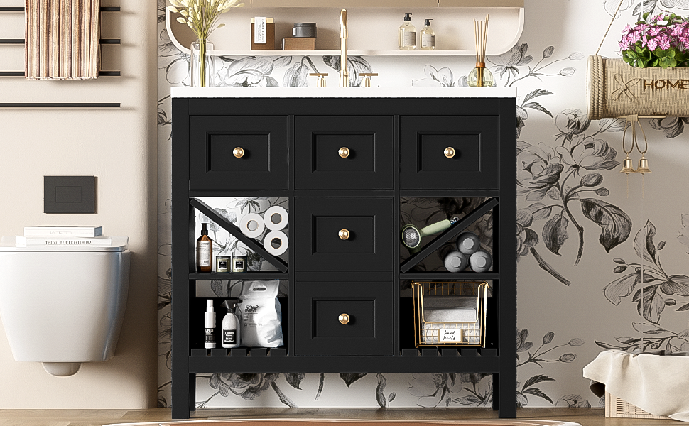 36'' Bathroom Vanity With Resin Sink Combo, Solid Wood Frame Bathroom Storage Cabinet, Freestanding Vanity Set With 5 Drawers& Soft Closing Doors Same As Sw000141Aab Black Bathroom Solid Wood Mdf Resin