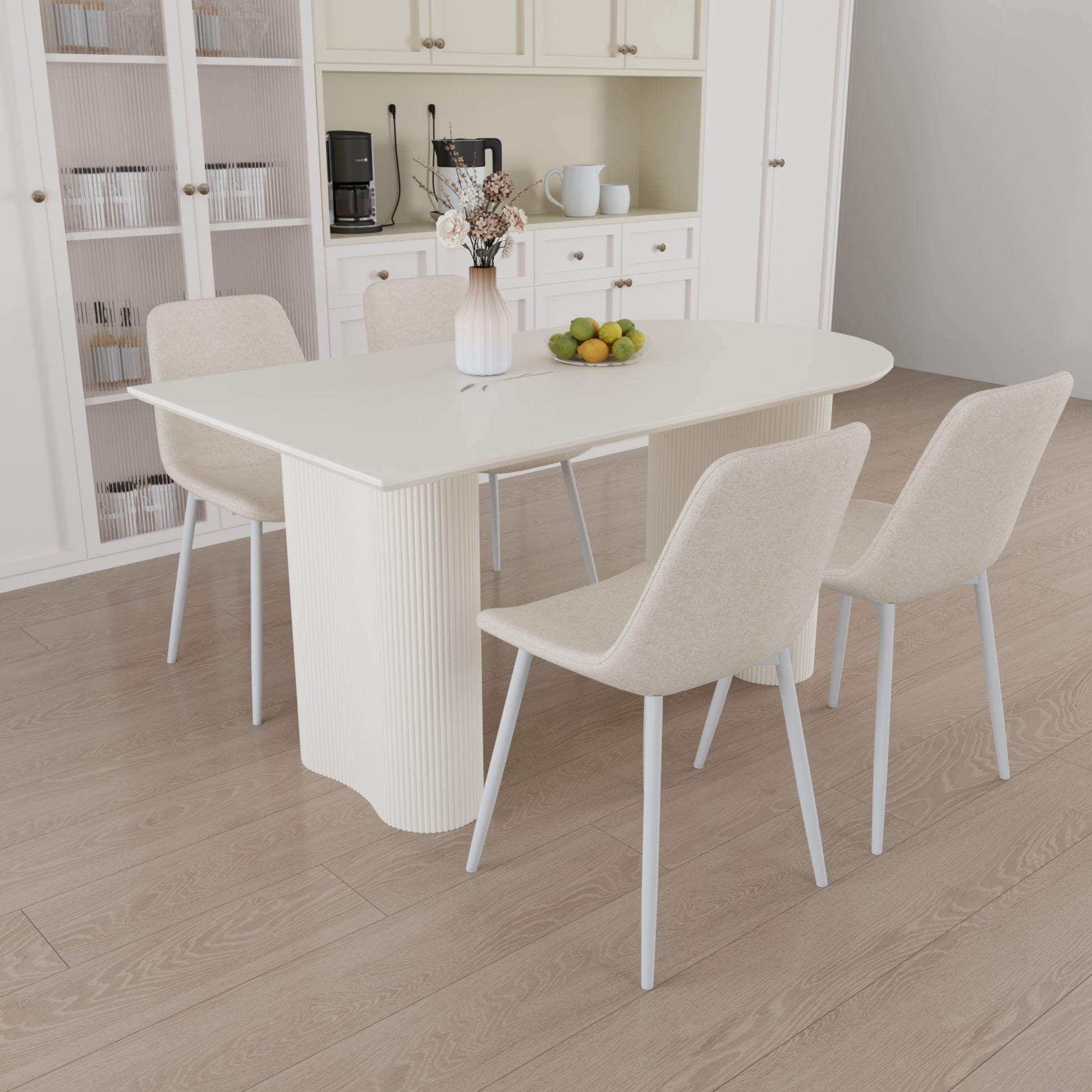 63 "Mdf Cream Style Coffee Table And Modern Dining Chair 4 Piece Set, Modern Fashion Kitchen Table Set, Round Wave Table Legs, Dining Table And Linen Chair Beige White Mdf