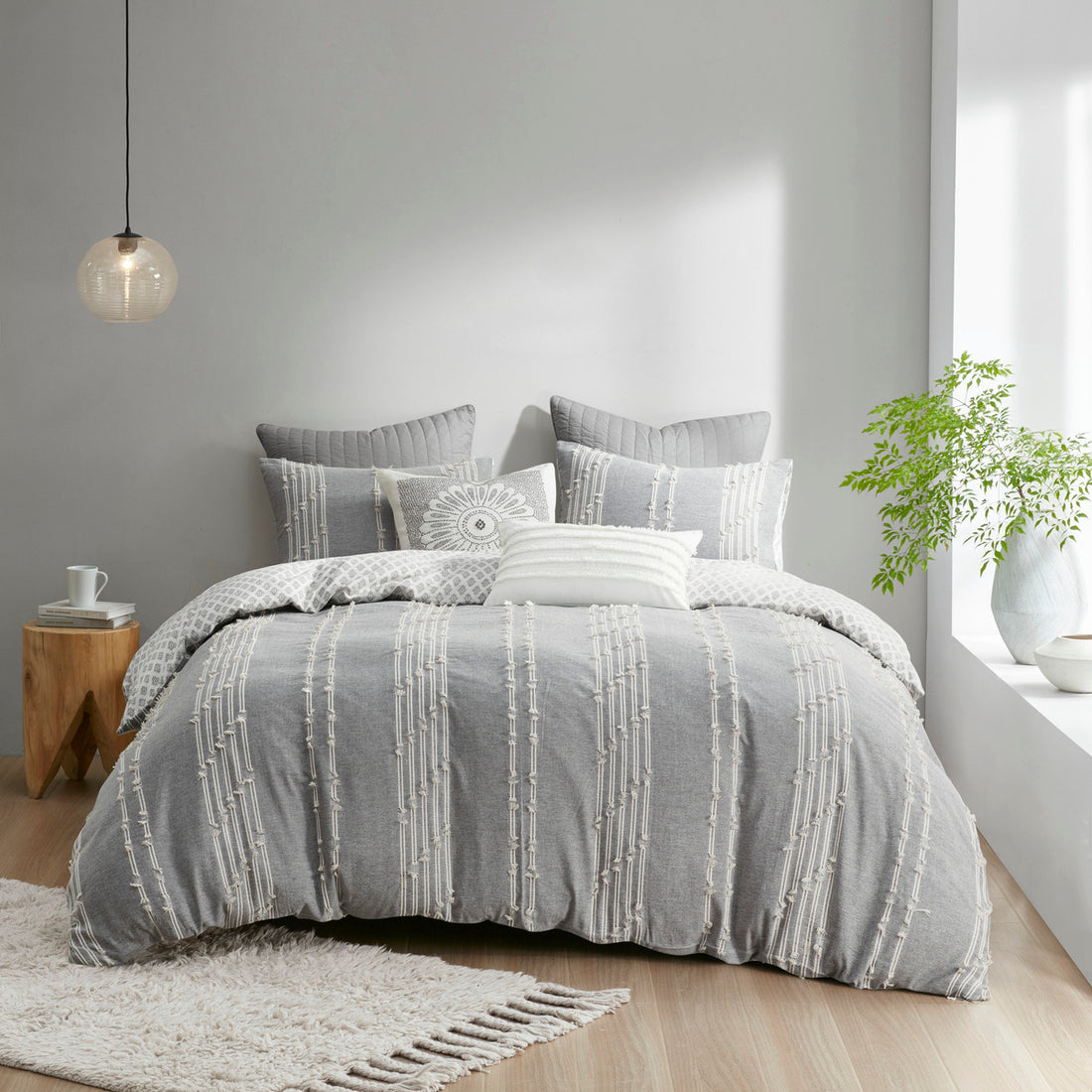 3 Piece Cotton Jacquard Duvet Cover Set King Gray Cotton