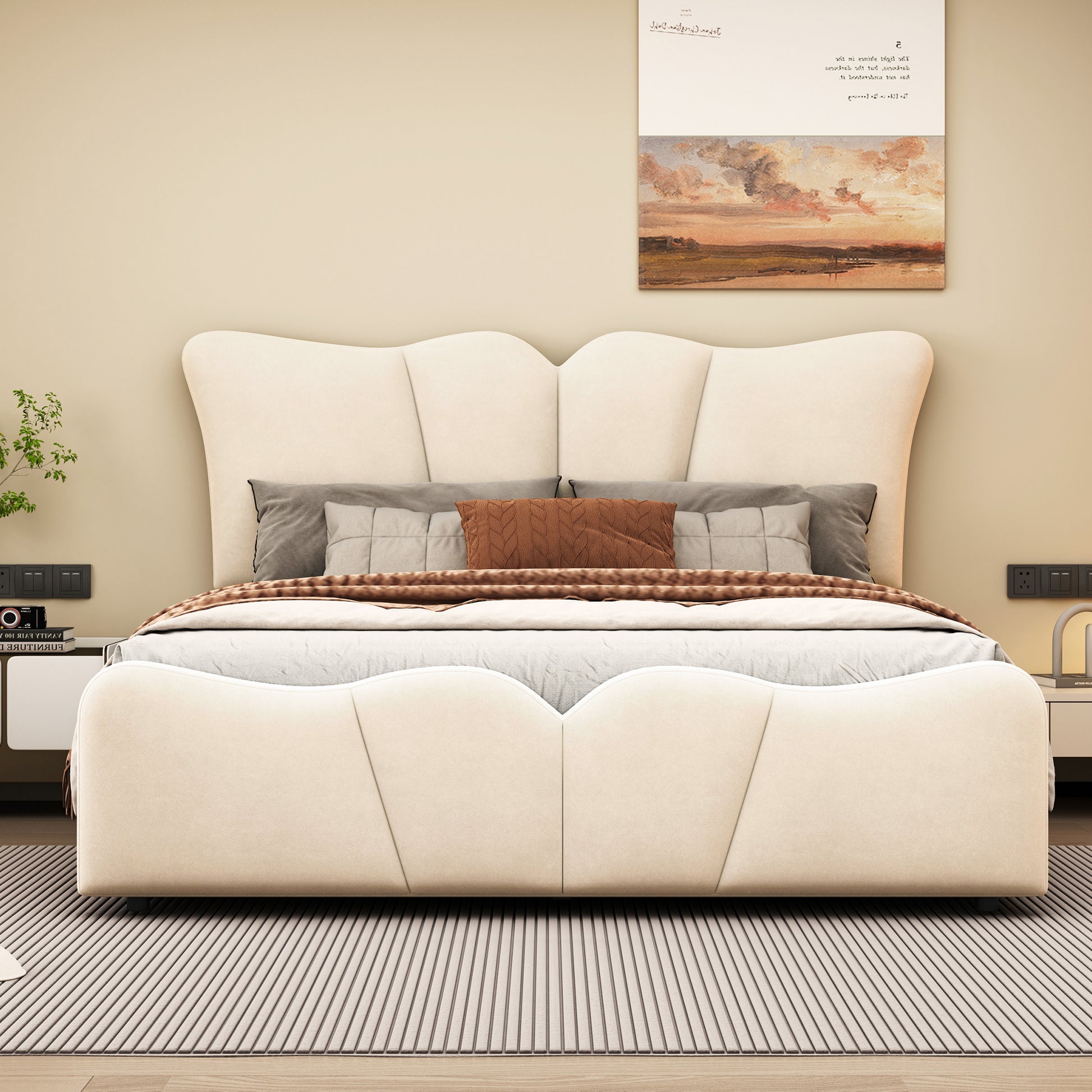 Full Size Upholstered Platform Bed Velvet Upholstered Bed, Beige Full Beige Velvet