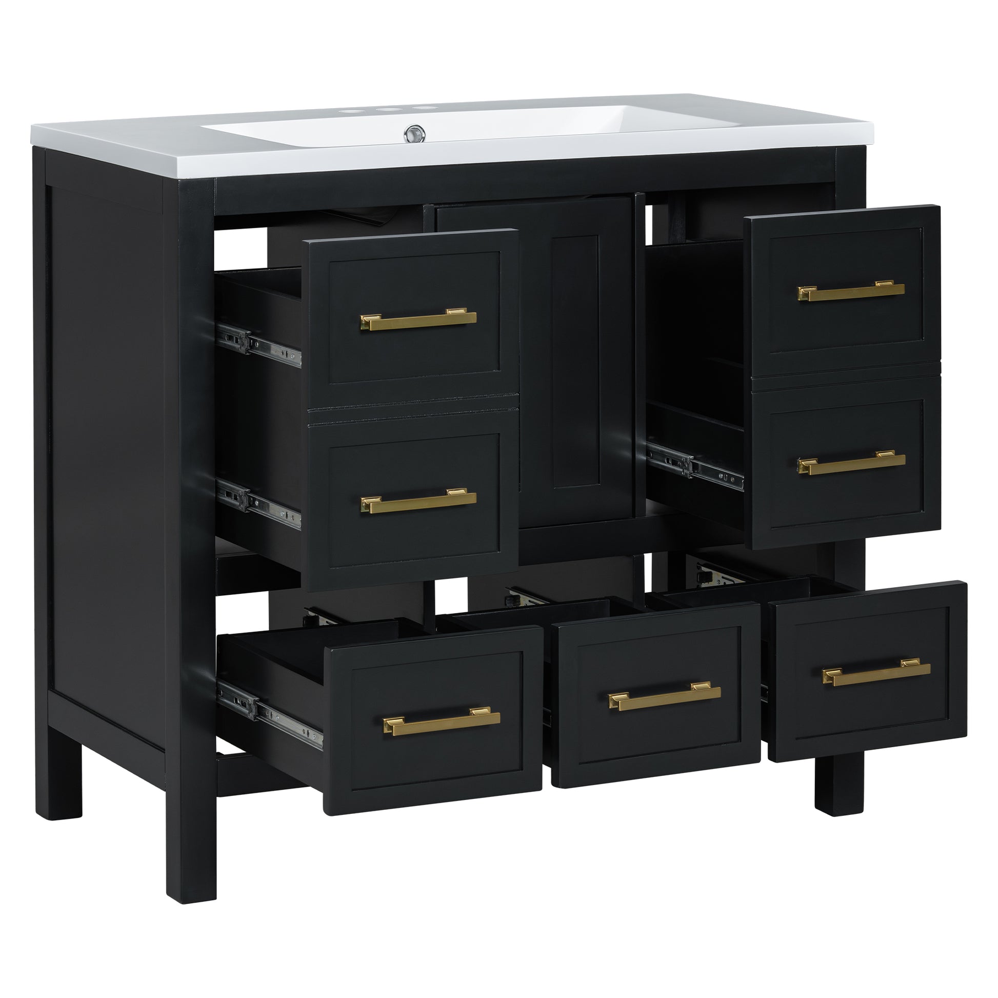 36'' Bathroom Vanity With Resin Sink Combo, Solid Wood Frame Bathroom Storage Cabinet, Freestanding Vanity Set With 5 Drawers& Soft Closing Doors Same As Sw000142Aab Black Bathroom Solid Wood Mdf Resin