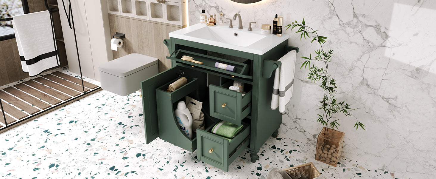 30'' Bathroom Vanity With Top Sink, Modern Bathroom Storage Cabinet With 2 Drawers And A Tip Out Drawer, Single Sink Bathroom Vanity Same As Sw000143Aaf Green Bathroom Modern Solid Wood Mdf Resin