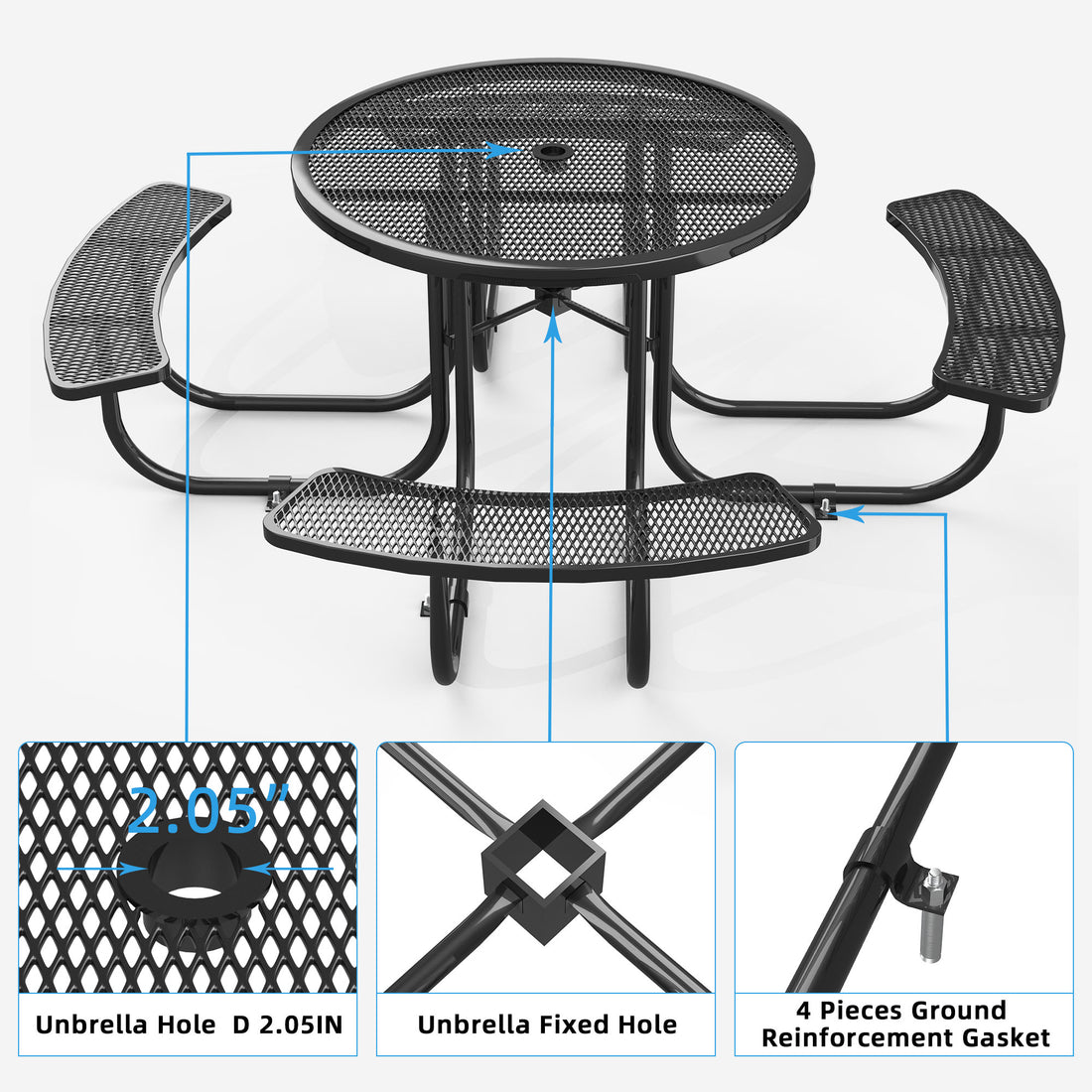 Round Outdoor Steel Picnic Table 46" Blue ,With Umbrella Pole,Black Black Steel Steel