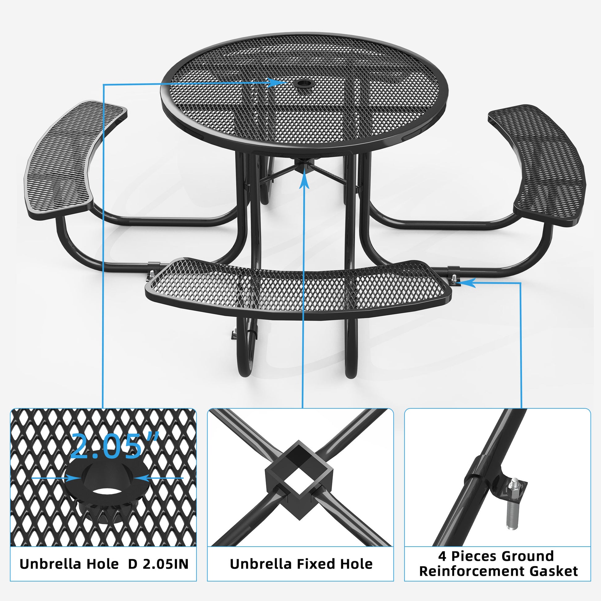 Round Outdoor Steel Picnic Table 46" Blue ,With Umbrella Pole,Black Black Steel Steel