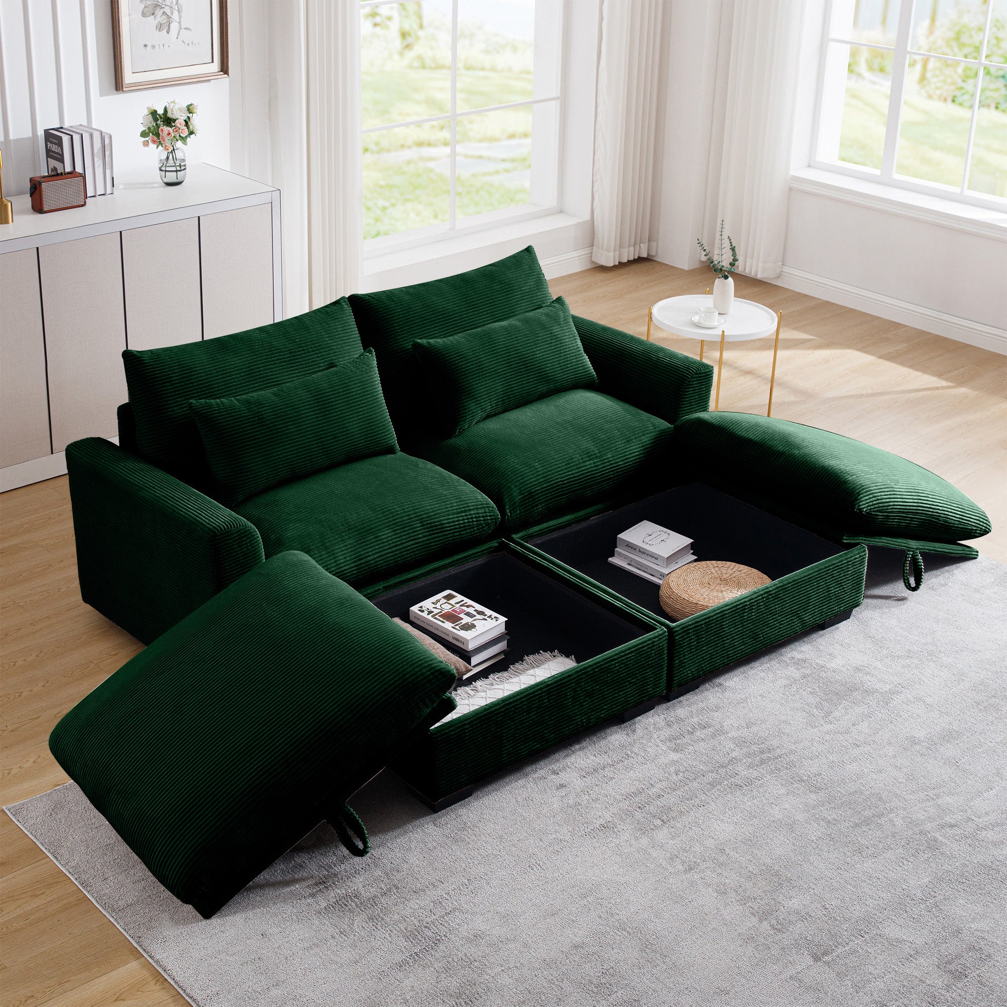Corduroy Two Seater Sofa With 2 Storage Footrest,2 Seater Sectional Deep Seat Sofa,Comfy Couches For Living Room,Green Sofa Green Corduroy 2 Seat