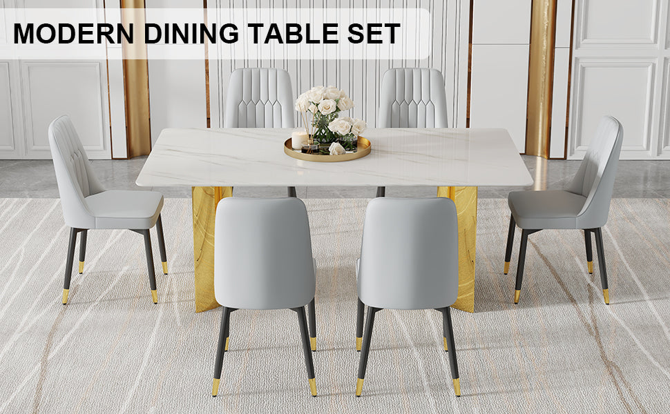 Table And Chair Set.The Table Has A Glass Top With Imitation Marble Pattern Stickers And Stainless Steel Golden Legs. Paried With Chairs With Pu Artificial Leather Backrest Cushions And Black Legs. White Gold Seats 6 Glass Metal