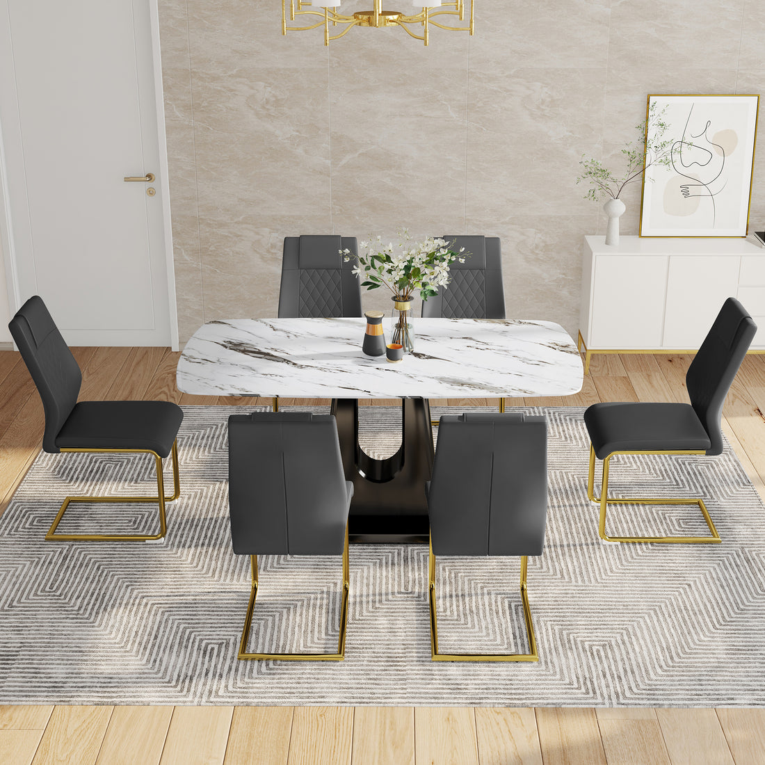 Table And Chair Set, Modern And Minimalist Dining Table, Imitation Marble Patterned Tabletop, Mdf Legs With U Shaped Brackets. Paired With Comfortable Chairs, Suitable For Dining And Living Rooms. Grey Black Mdf Glass