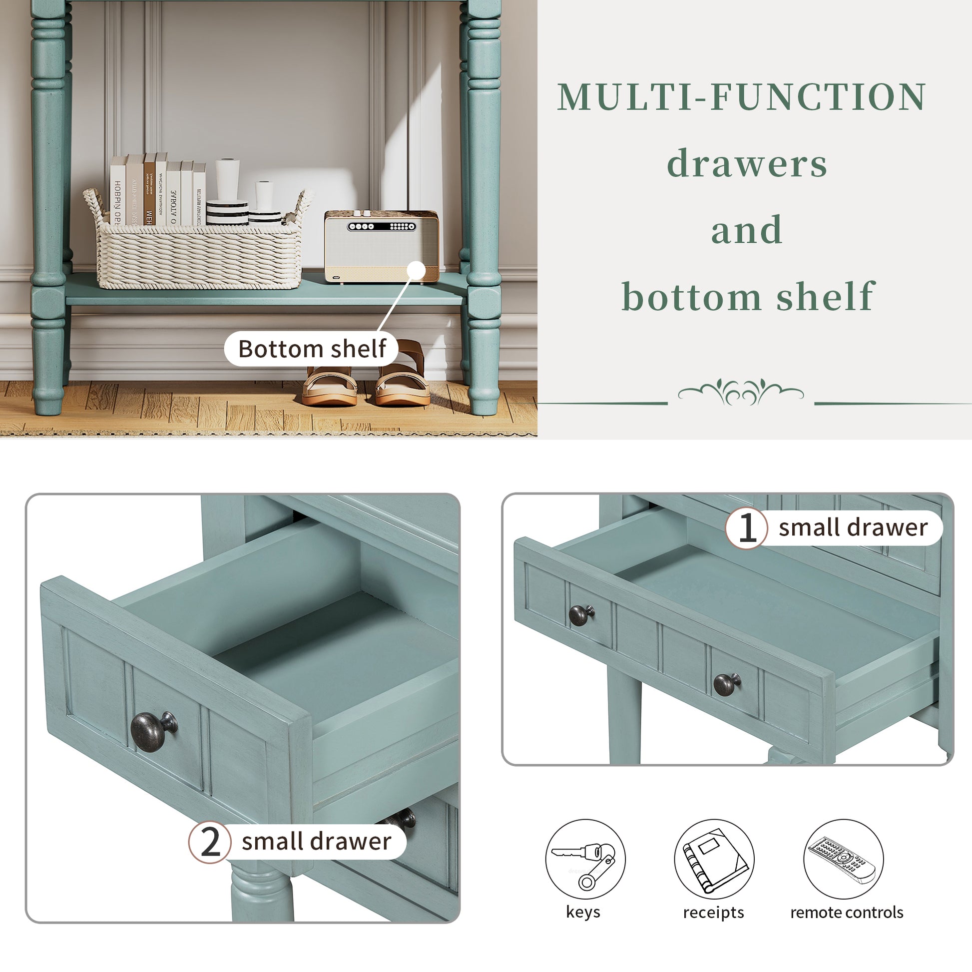 Narrow Console Table, Slim Sofa Table With Three Storage Drawers And Bottom Shelf Light Blue Light Blue Solid Wood Mdf
